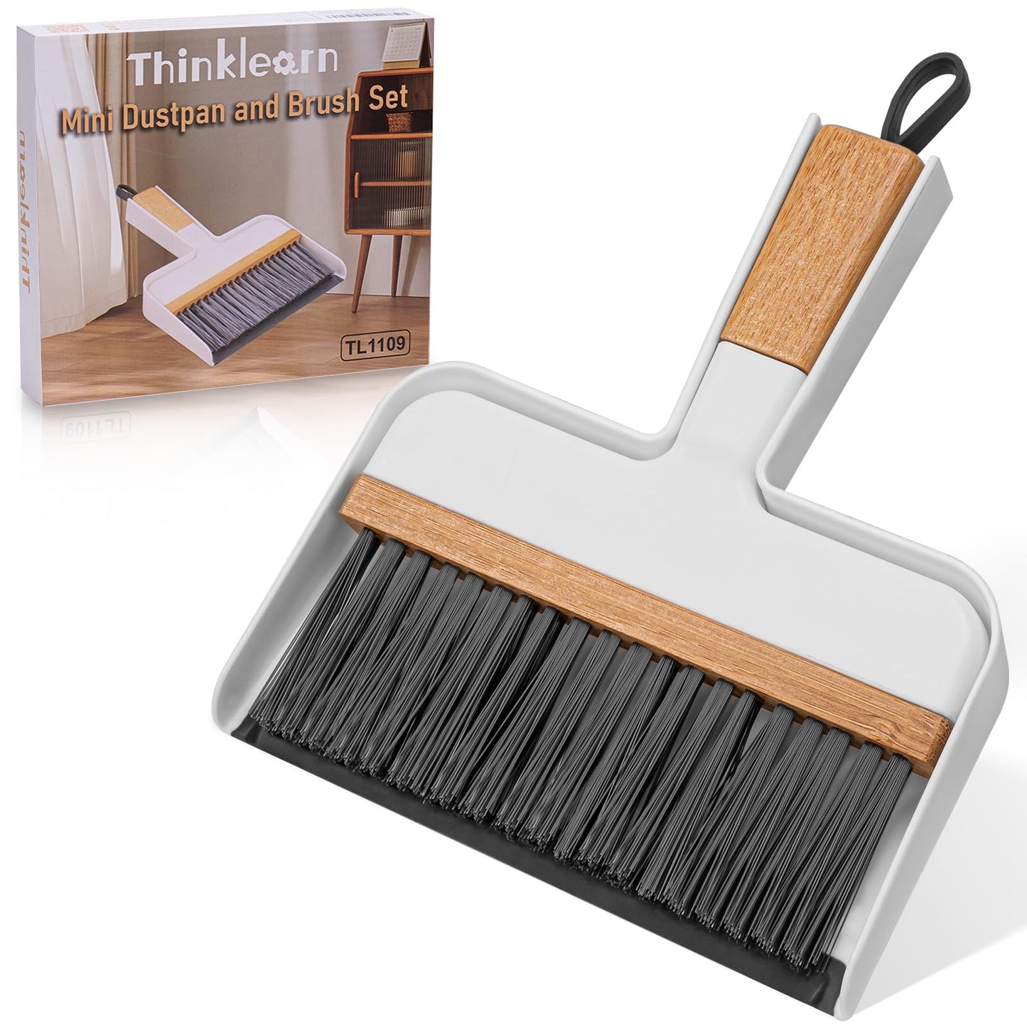 THINKLEARN Mini Dustpan and Brush Set, Portable Broom and Dustpan Combo Set with Bamboo Handle, Handheld Broom Set for Cleaning Desk Drawers Sofas and RV