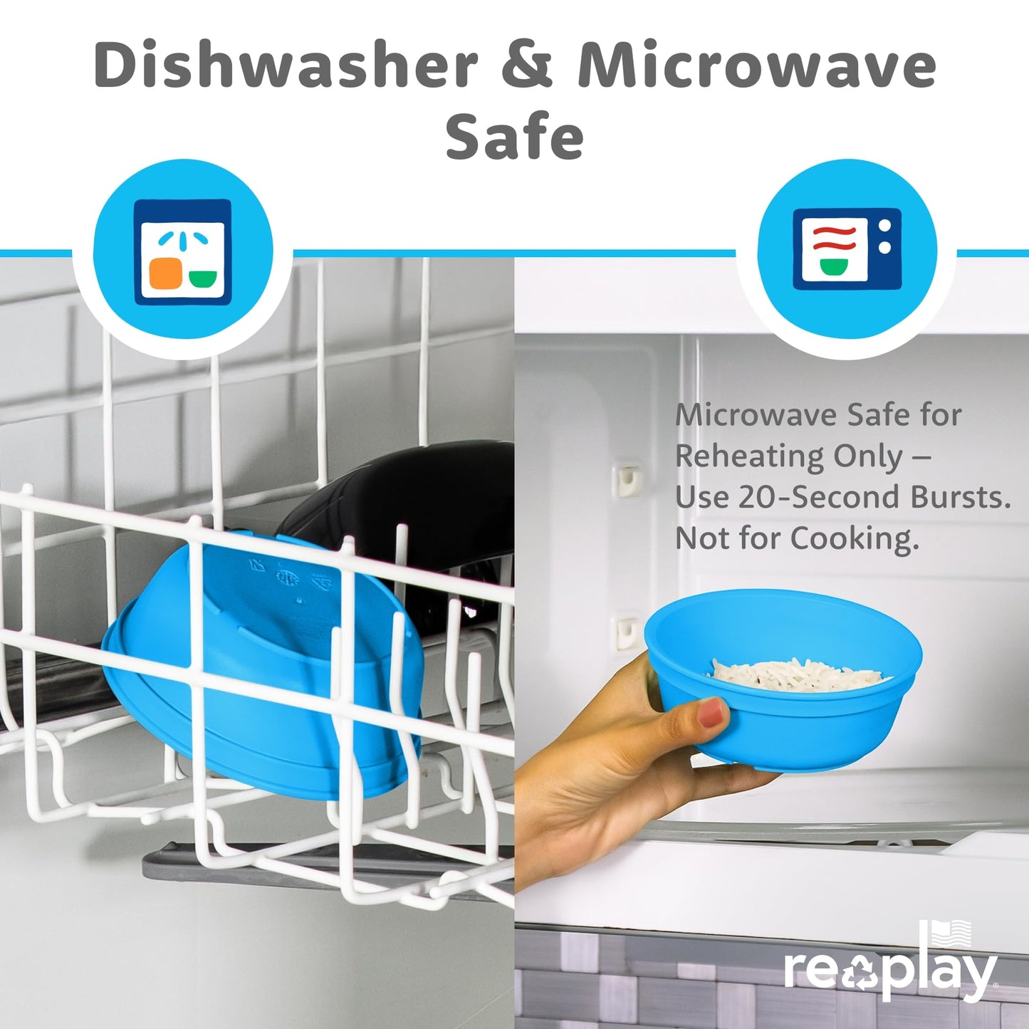 Re-Play 3 Divided Toddler Plates, 3 Utensils Set and 3 Wide Base Bowls - Dishwasher and Microwave Safe - Made in USA - Bluesy