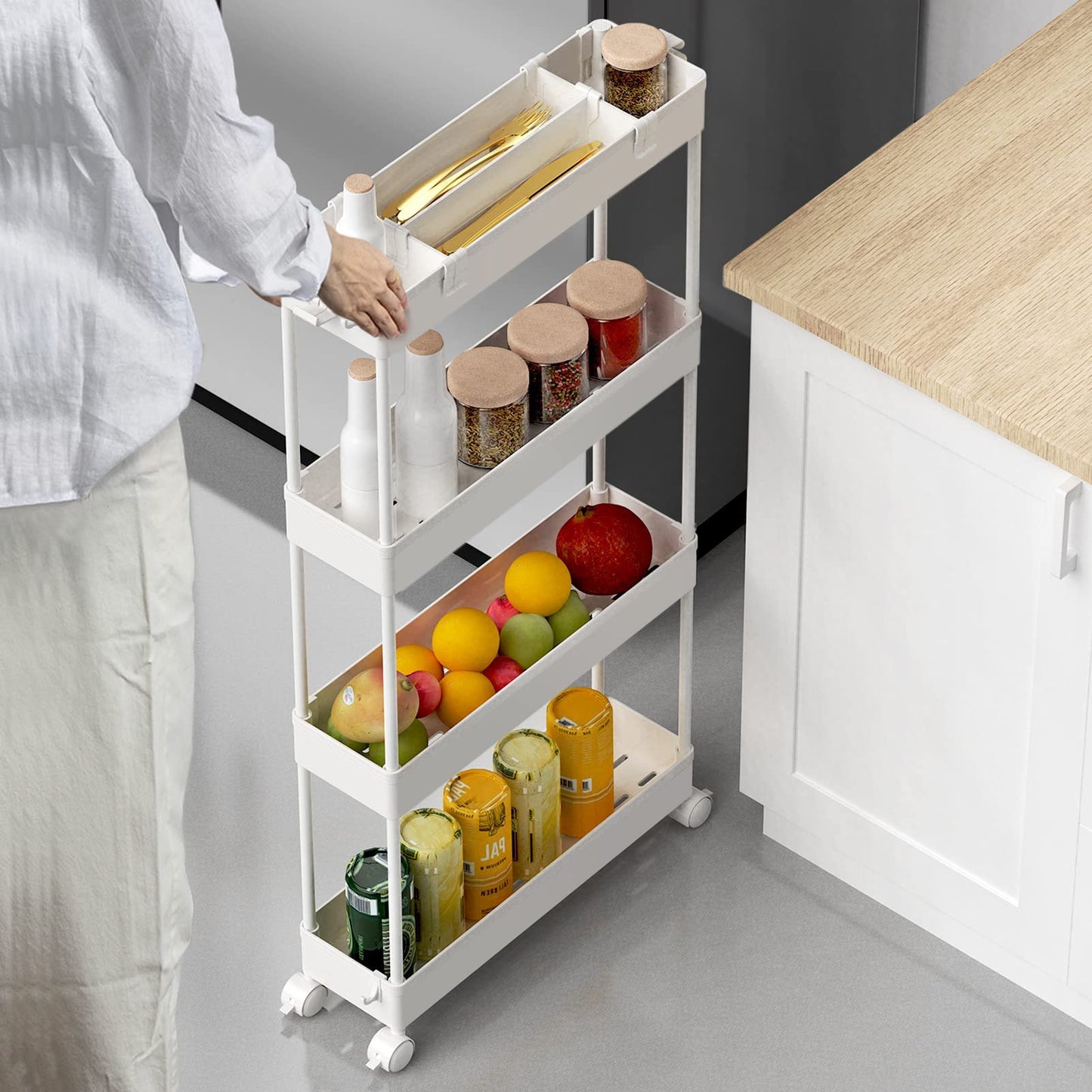 SPACELEAD Slim Storage Cart 4 Tier,Bathroom Organizer Rolling Utility, Mobile Shelving Unit Slide Out for Office, Kitchen, Laundry Room & Narrow Places,White