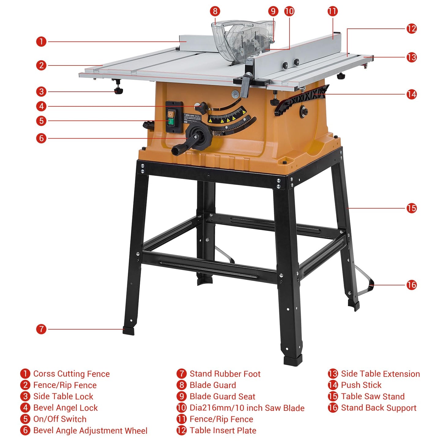 Table Saw, 10 in 15A Multifunctional Saw with Stand & Push Stick for Jobside, 90° Cross Cut & 0-45° Bevel Cut, Cutting Speed Up to 5000RPM, Adjustable Blade Height, Ideal for Woodworking, Orange