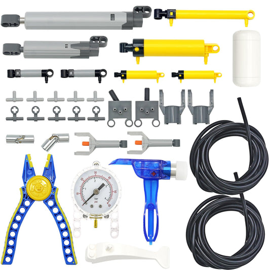 33pcs Pneumatic Pumps Parts Kit, Compatible with Technic Pumps Pneumatic Cylinders Air Tank Switch Tubes Push Rod Pressure Gauge T-connectors Actuator Alloy Joint, for Building Toys Accessories