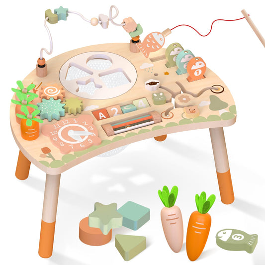 Weilim Activity Table, 9-in-1 Wooden Montessori Toy Activity Center with Shape Sorter Fishing Game Bead Maze, Baby Play Table Sensory Educational Toys for Toddler