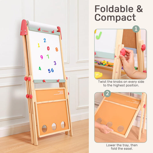 WINGYZ 3-in-1 Art Easel for Kids – Sturdy Pine Wood Easel with Magnetic Whiteboard, Chalkboard & 400" Paper Roll, Foldable Adjustable Heights for Ages 2-12, Complete Tool-Free Art Station
