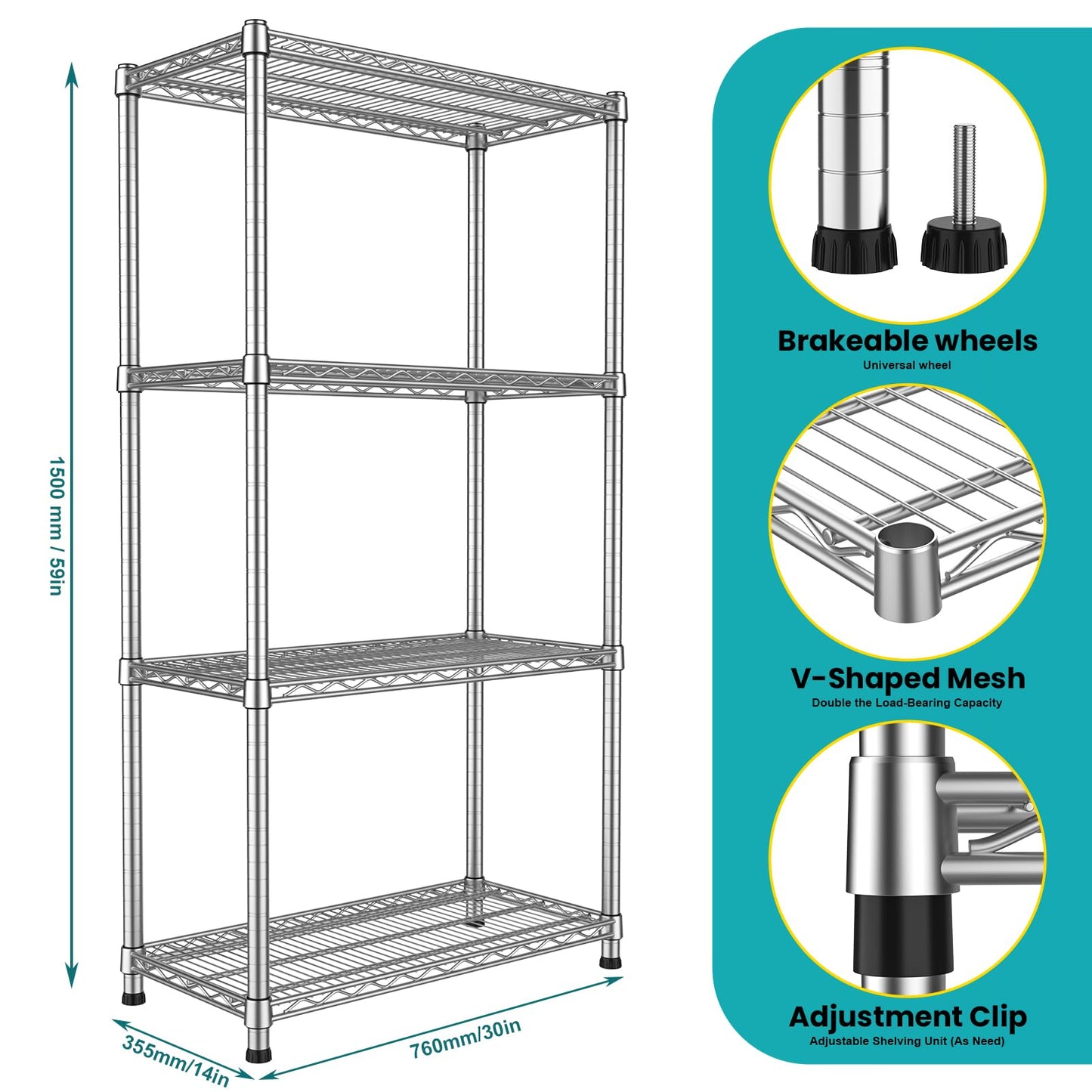 Wnkelo Heavy Duty Wire Shelving Unit 4-Tier Adjustable Metal Storage Rack Steel Shelves Metal Wire Shelf for Pantry Laundry Room Closet Garage Kitchen 2200 lbs Capacity 13.8”D x 30”W x 59”H