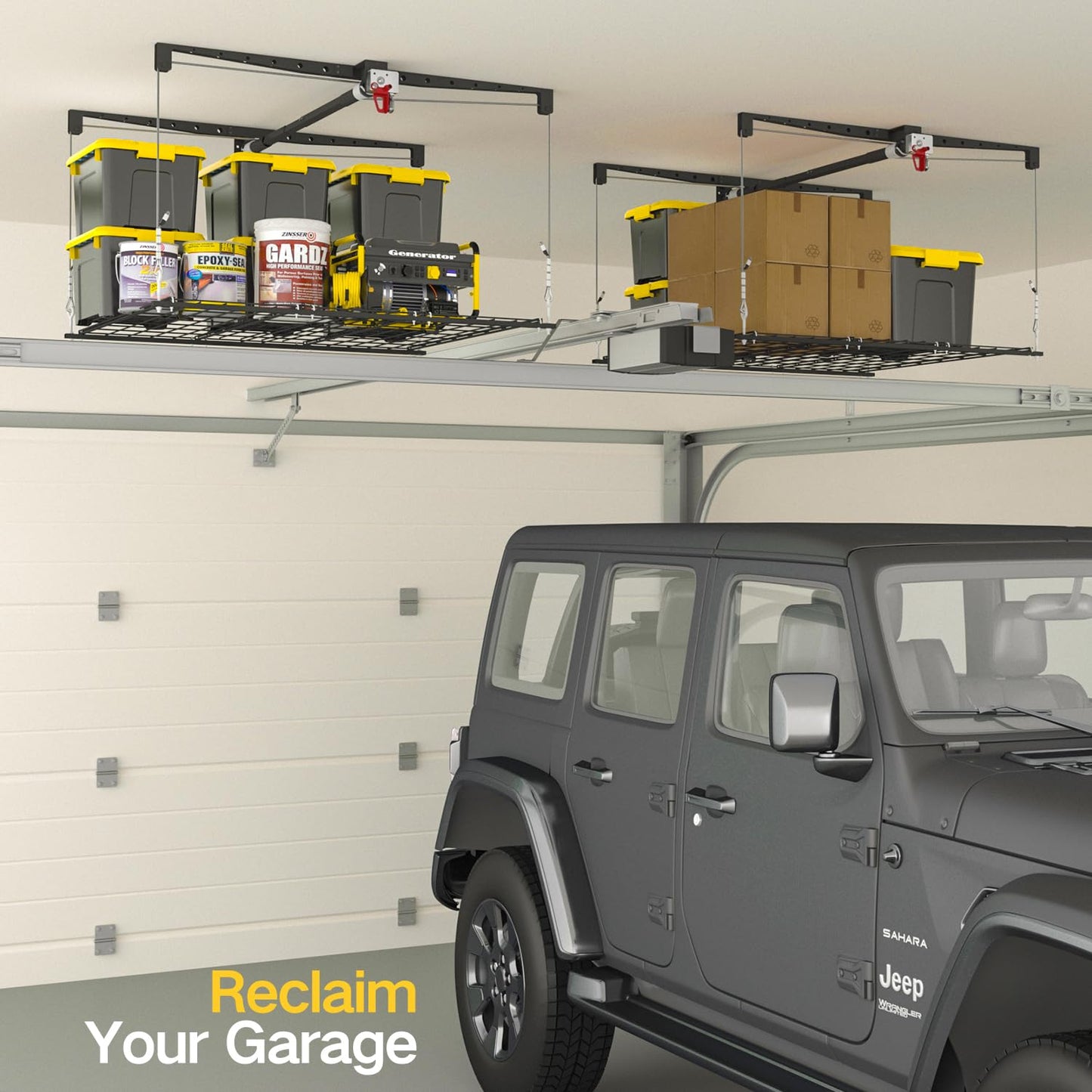 Overhead Garage Storage Rack for 10-12ft Ceiling, Heavy-duty 4x4 FT Garage Ceiling Storage Racks with Safety Lock, Ideal for Storage Mounted Lift System and Storage Organizer, 250lbs Capacity