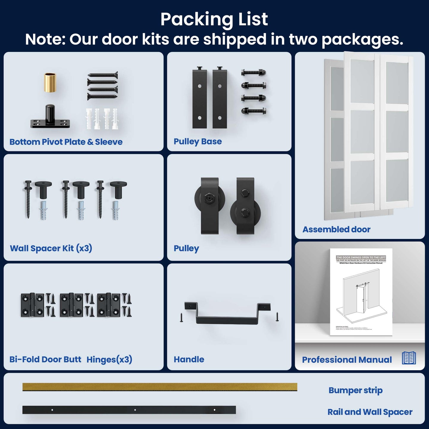 SMARTSTANDARD 56in x 84in Bifold Barn Door, Frosted Glass Barn Door with Hardware Kit Included, Pre-Drilled Holes Easy Assembly -Solid Barn Doors Slab Covered with Water-Proof PVC Surface, White