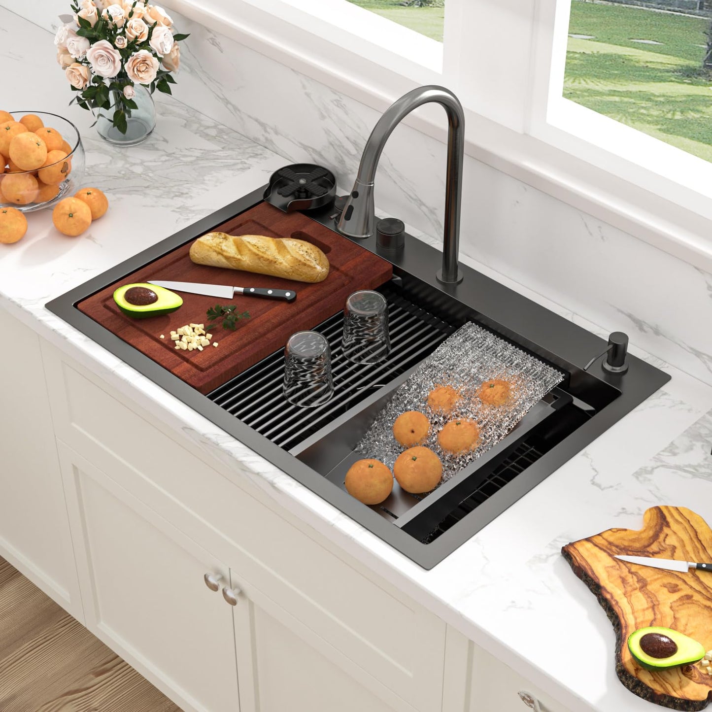 Sarlai Waterfall Kitchen Sink 30 Inch Black Drop In Kitchen Sink Topmount 16 Gauge Stainless Steel 30x22 Inch Single Bowl Multifuction Workstation Top Mount Sinks with Double Knob