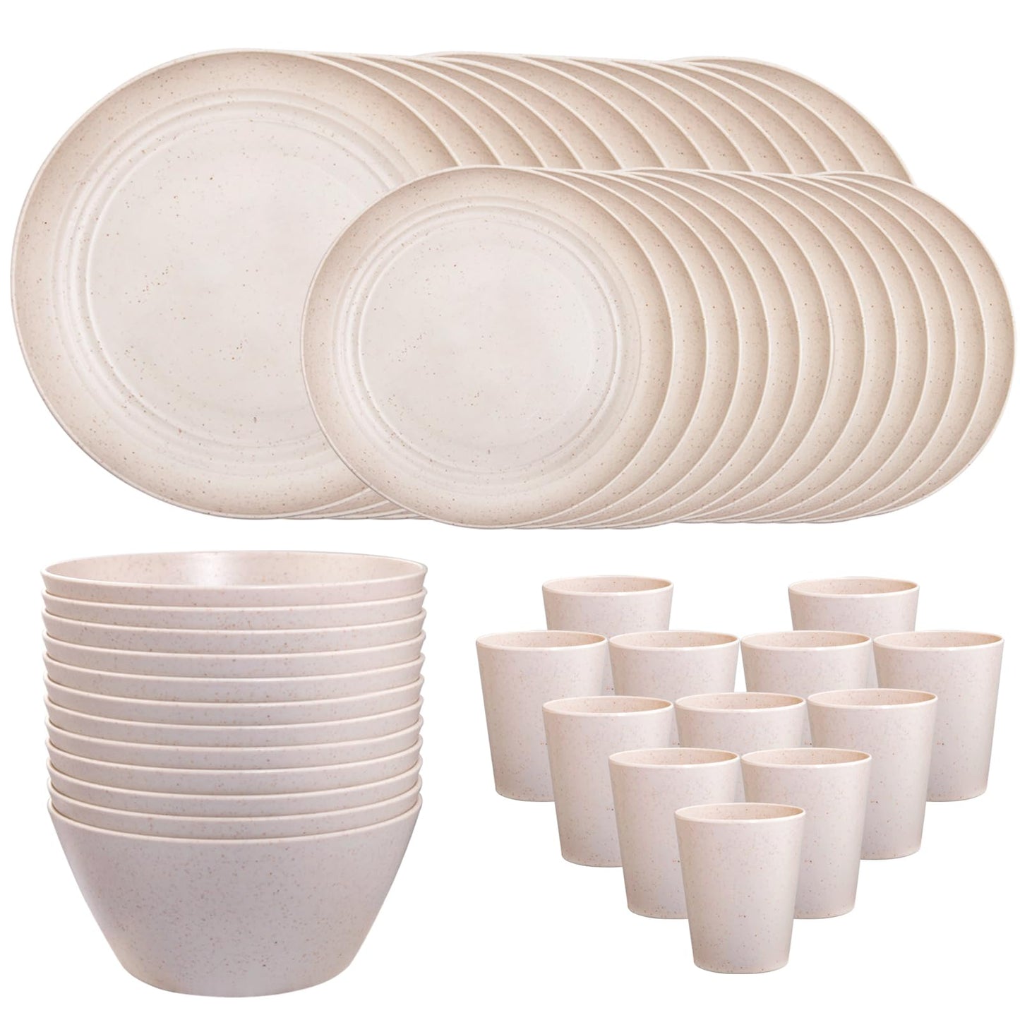 LIYH 48 Pcs Beige Plastic Wheat Straw Dinnerware Set - Reusable Plates and Bowls Sets,Unbreakable Plates Dishes Bowl Cup Outdoor Camper Dish Set for 12