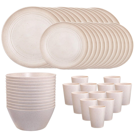 LIYH 48 Pcs Beige Plastic Wheat Straw Dinnerware Set - Reusable Plates and Bowls Sets,Unbreakable Plates Dishes Bowl Cup Outdoor Camper Dish Set for 12