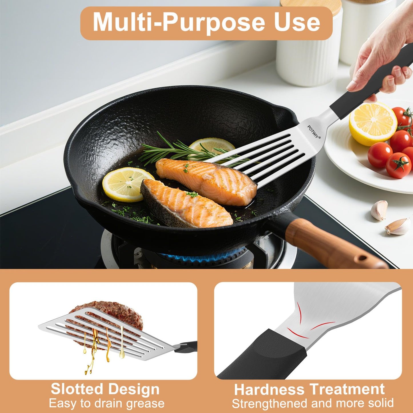 POTWIY Fish Spatula Stainless Steel, 11.3" Slotted Fish Turner with Silicone Handle, Small Metal Spatula for Cast Iron Skillet, Kitchen Cooking Flipper for Egg, Burger, Pancake