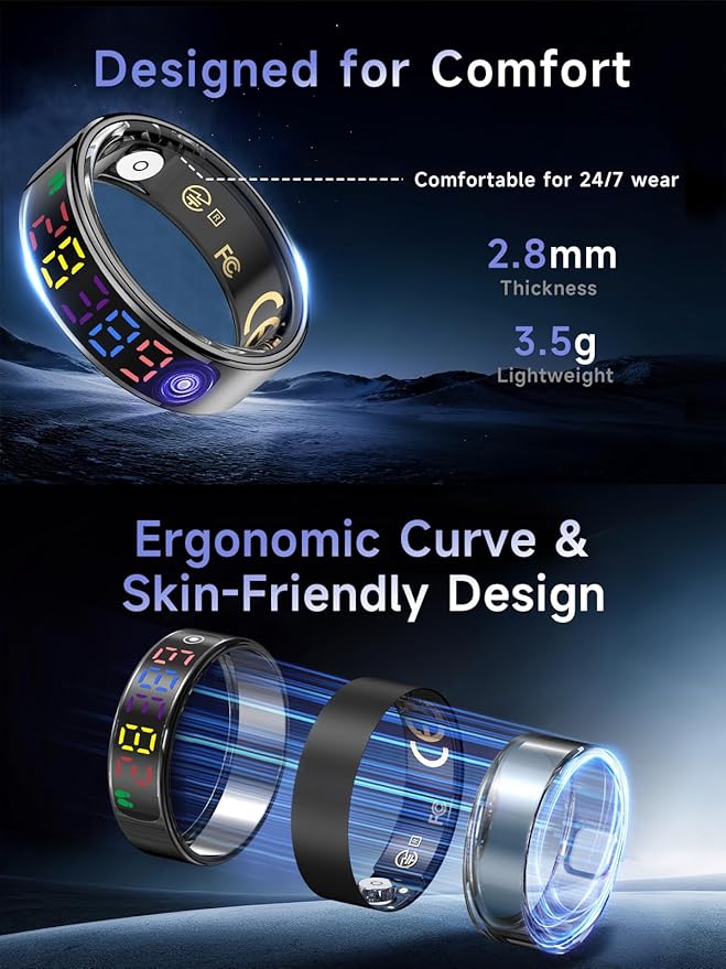 Smart Ring for Women Men, Health Ring with Colorful Display, Fitness Tracker with Heart Rate, Blood Oxygen, Sleep Monitor, No Subscription Fee, 5ATM Waterproof for iPhone & Android (Silver, 12)