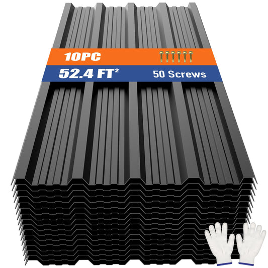 Brakki Metal Roofing Panels 10pcs 52.4 ft², Black Corrugated Galvanized Steel Roof Panels with Screw, Heavy Duty Metal Siding Suitable for Garages Chicken Coop Sheds Stables Patio
