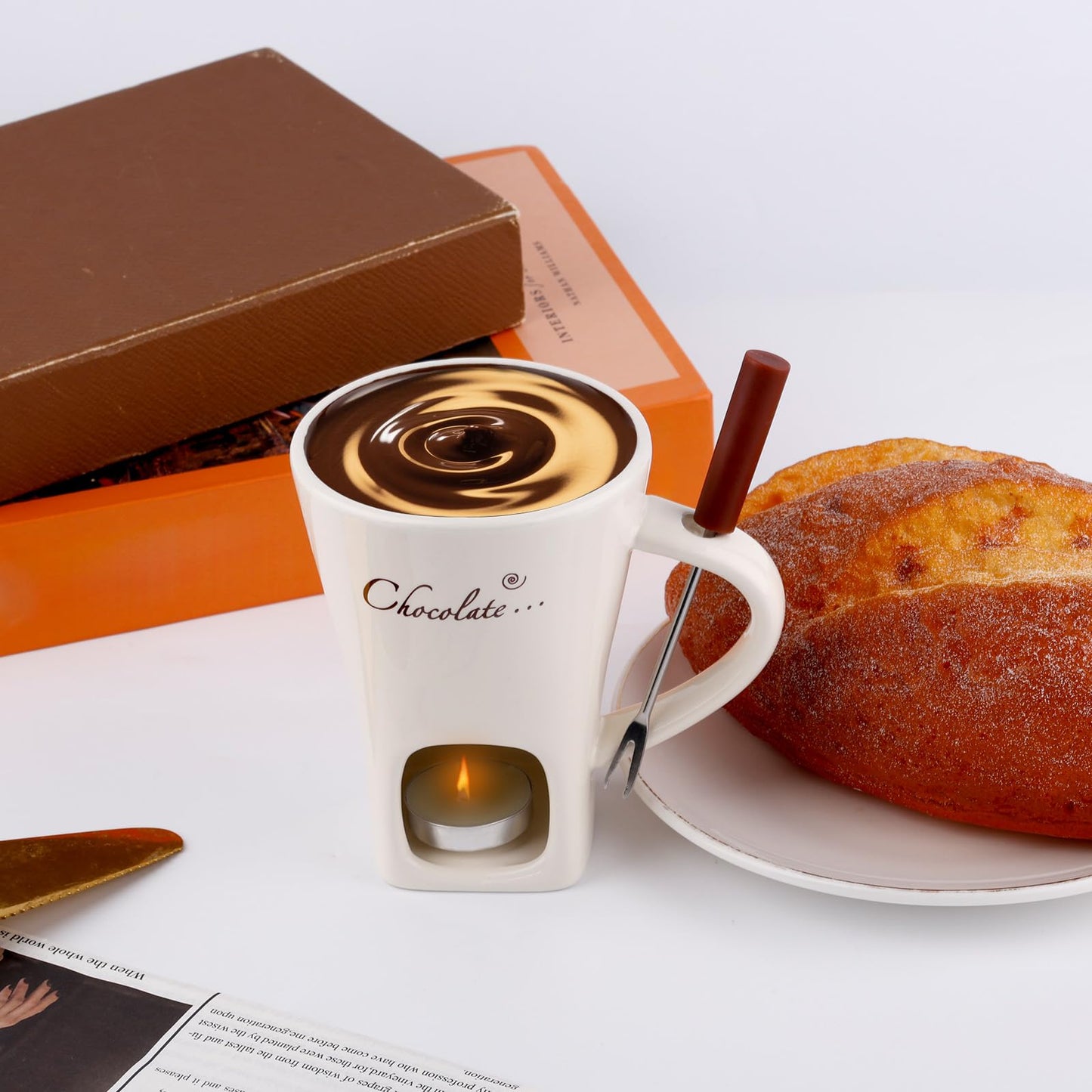 Chocolate Fondue Mug with Fork, Sweet Melting Cup with Tealights for Chocolate Cheese & Desserts Ceramic Fondue Pot Set Ideal Gift for Date Nights Birthdays Anniversary Weddings (White)