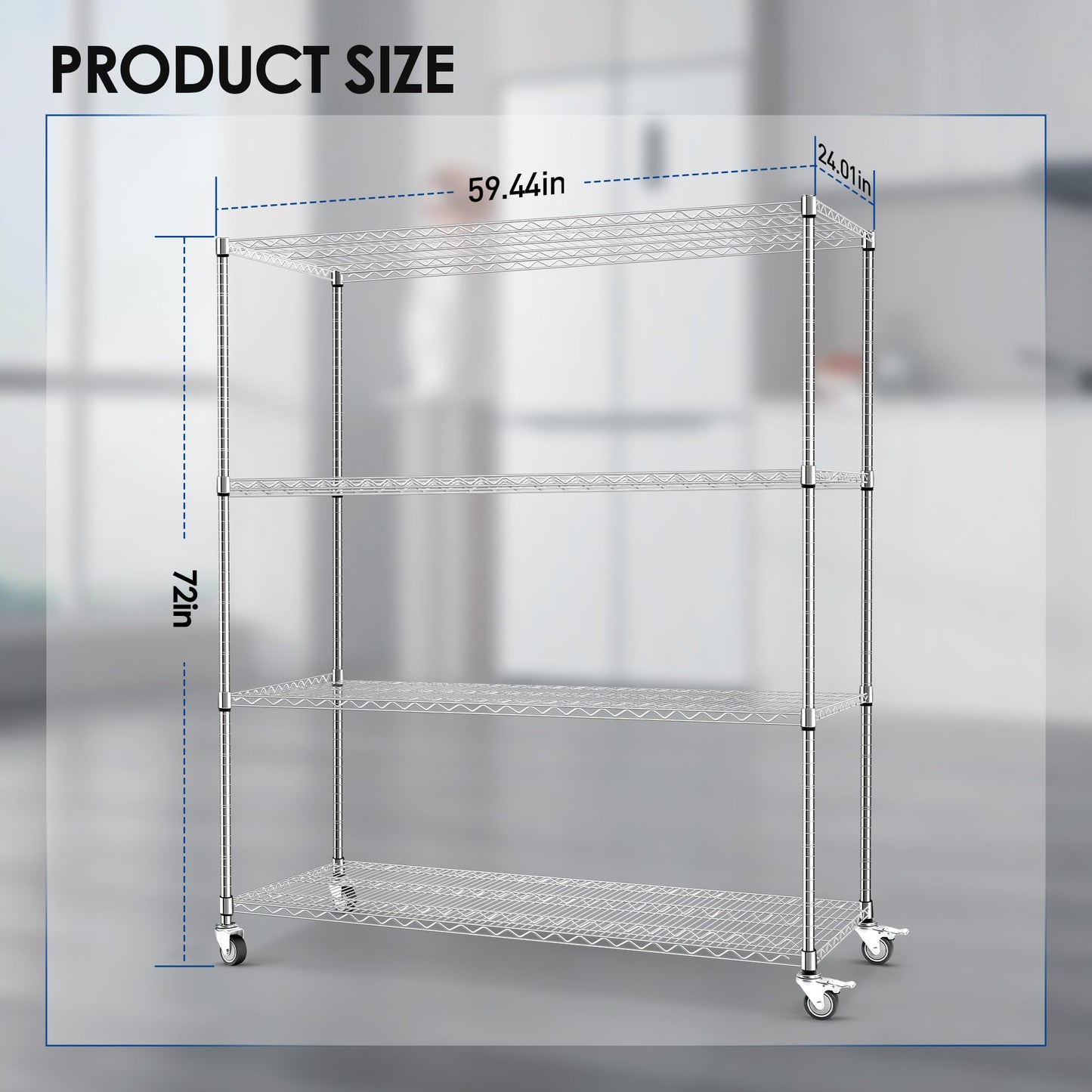 Rengue 60" W Storage Shelves with Wheels 4-Tier Heavy Duty Wire Shelving 72" H x 24" D Large Metal Storage Rack with Adjustable Garage & Pantry Shelves, 3200 LBS Commercial Grade, Chrome, Silver