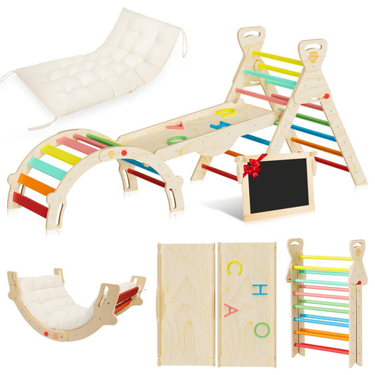 CHAO KWORLDS Pikler Triangle Set Foldable, Montessori Climbing Toys for Toddlers 1-3, Wooden Indoor Jungle Gym, 8-in-1 Toddler Climber with Slide & Arch, Space Saving Indoor Playground