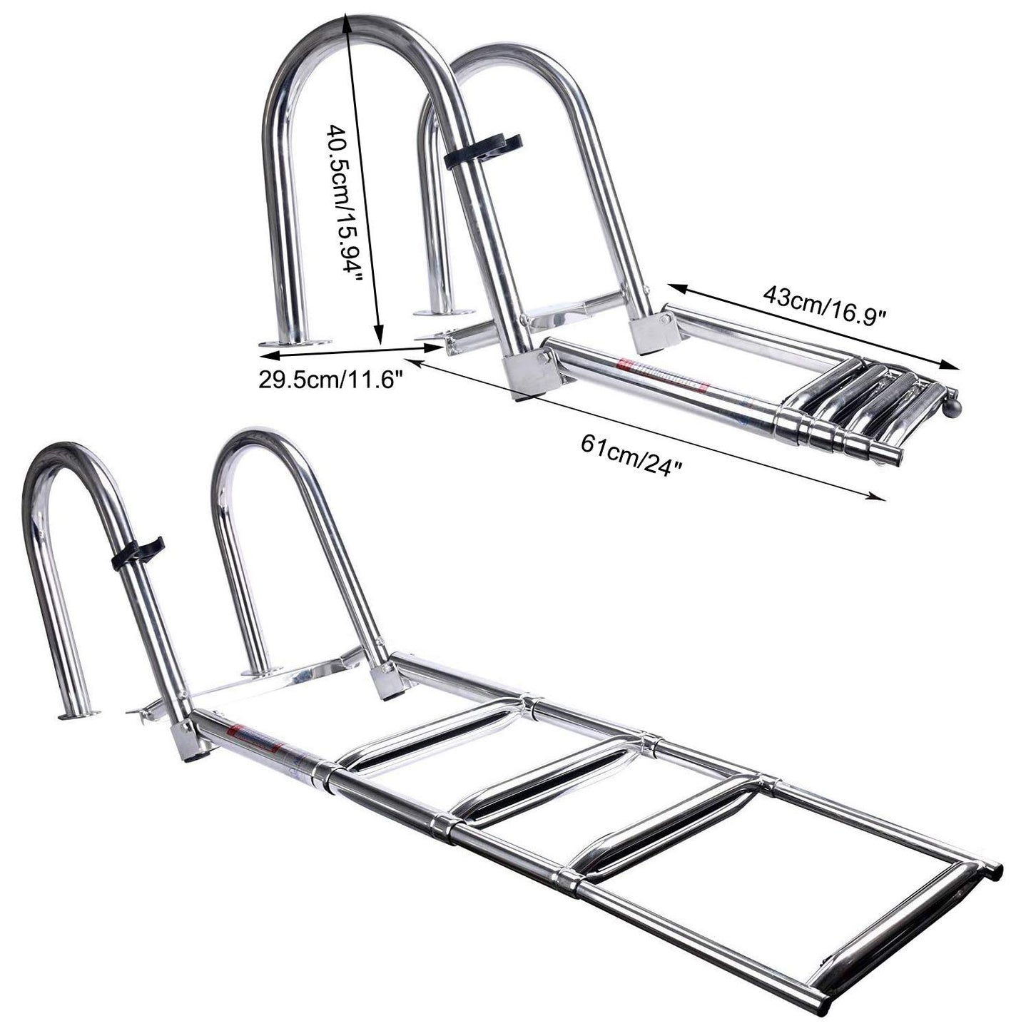 Amarine Made 4 Step Pontoon Boat Ladder Foldable Stainless Steel Marine Rear Entry Telescoping Ladders with Wide Steps Swim Deck Laddes with Pedal Hand Railing,Retaining Strap