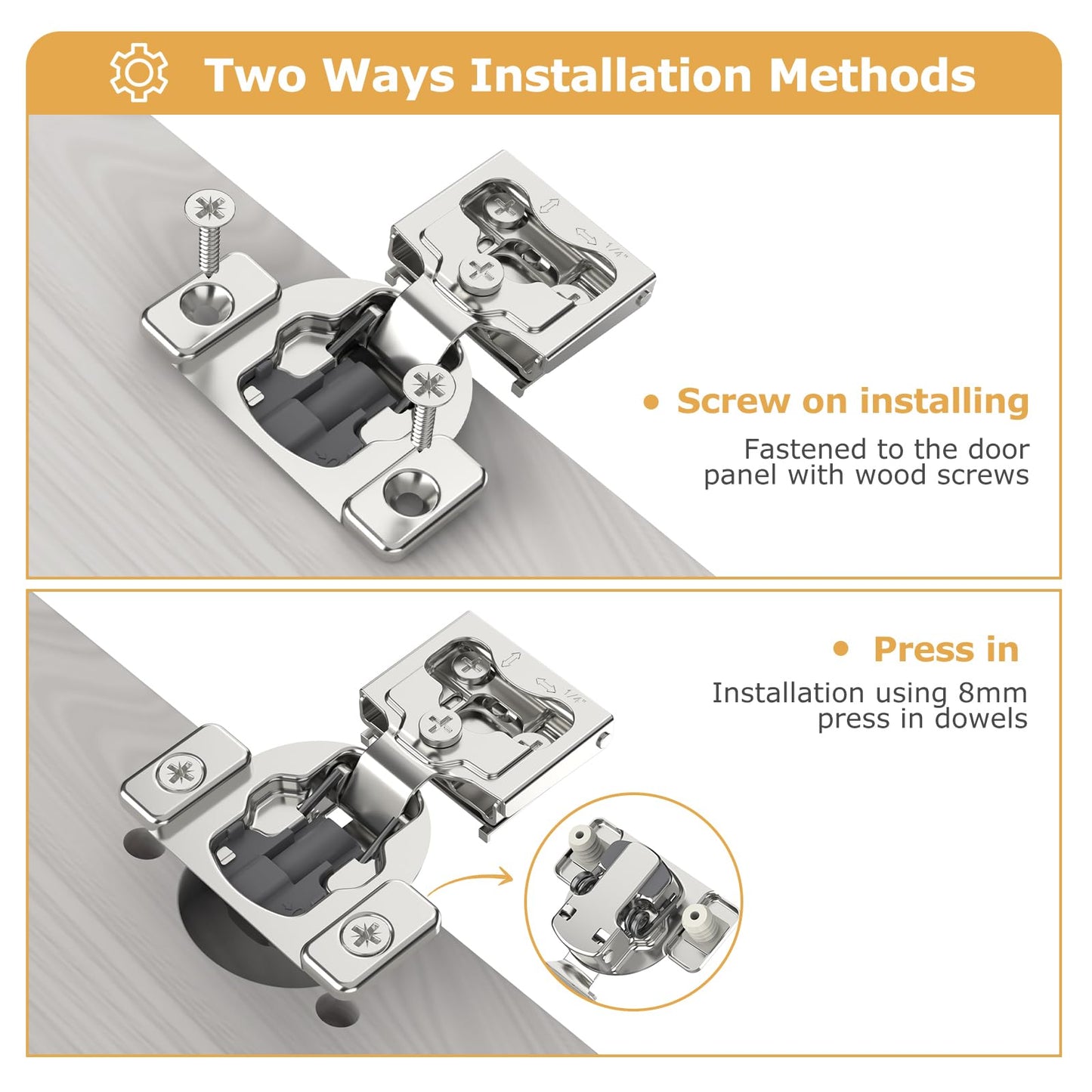 Furniware 20 Pieces 1/4" Small Overlay Concealed Face Frame Hinges, 105° Open Angle 4 Level Soft Close Screw On Compact Cabinet Hinge,for Face Frame Door, Soft Close On/Off Switch, Self Closing