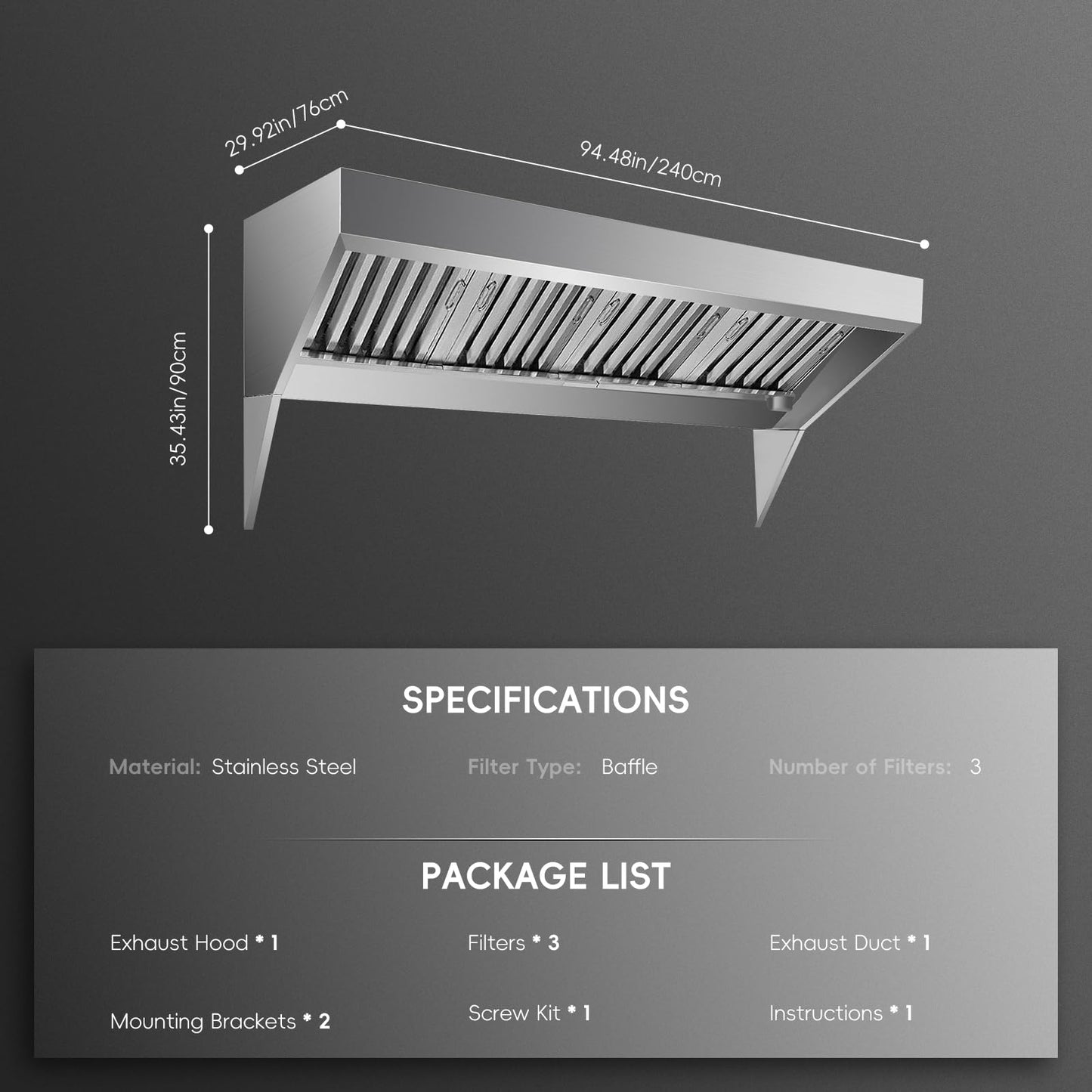 8FT Commercial Exhaust Hood with 4 Detachable U-shaped Grid Oil Filter Mesh, Rust-Resistant, 201 Stainless Steel Concession Trailer Food Truck Exhaust Vent Hood, for Restaurant Kitchen