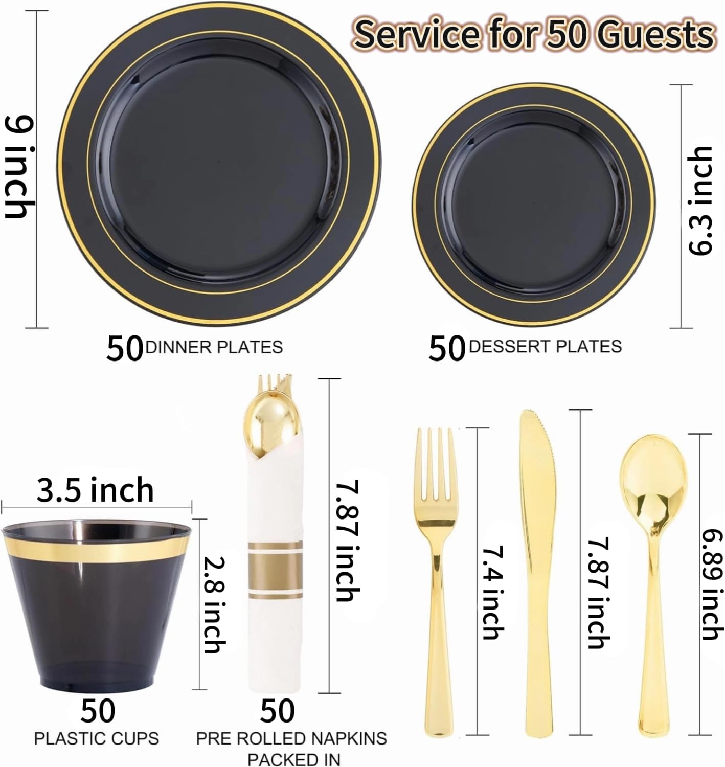 350 Pieces Black and Gold Plastic Plates with Disposable Silverware, Include 50 Dinner Plates 9”, 50 Dessert Plates 6.3”, 50 Black Cups 9 OZ, 50 Pre Rolled Napkins for Wedding Party Graduation