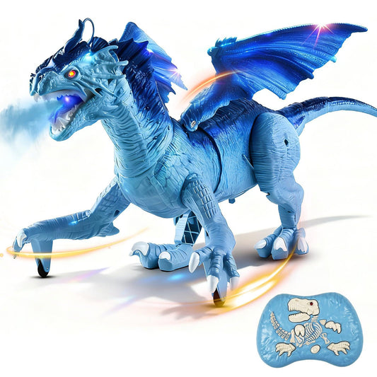 TALGIC Remote Control Dragon, Dragon for Kids with Spraying, Roaring, Swaying Head, Wings, Light-Up Interactive Robot Dinosaur Toys for Boys and Girls, Blue