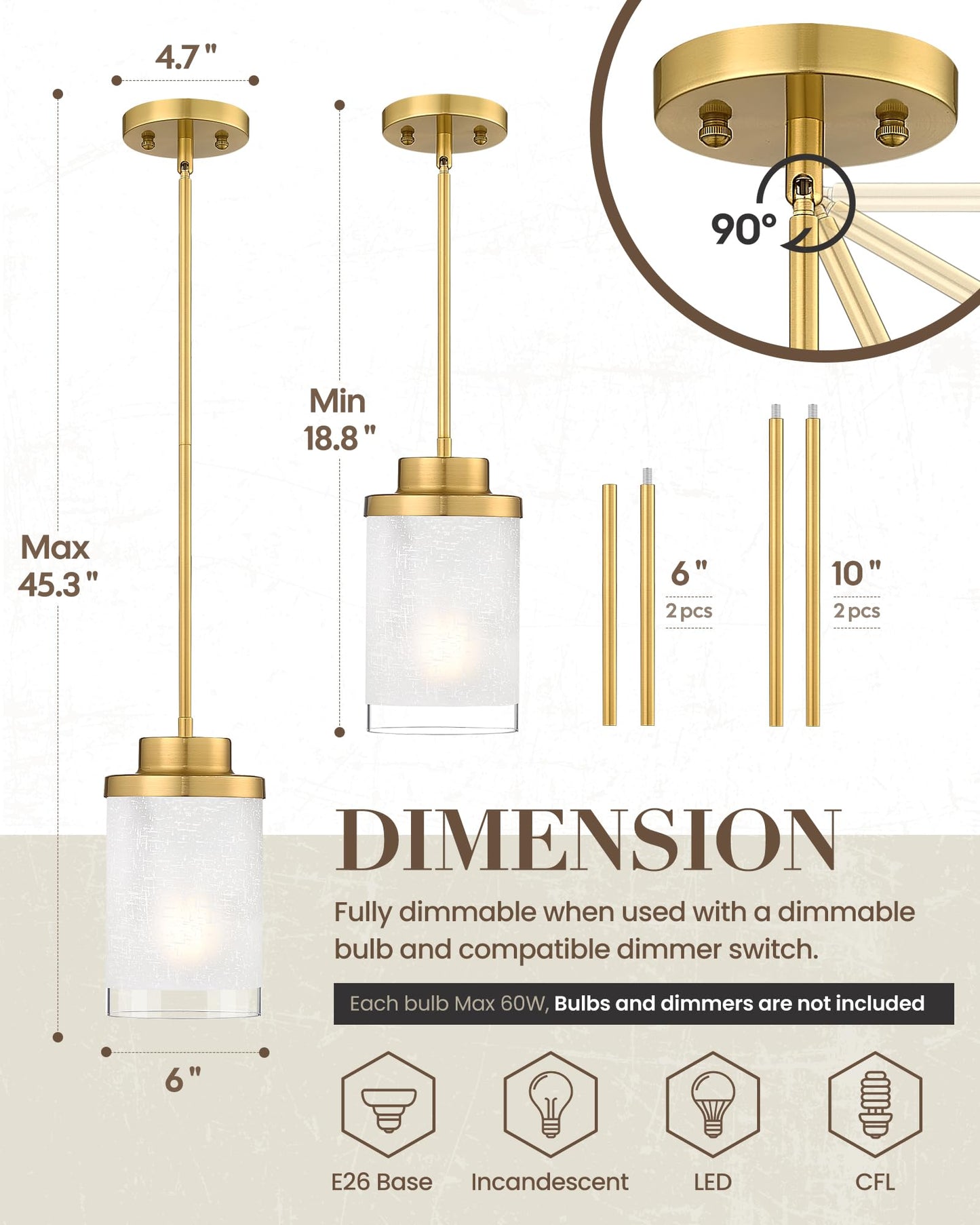 TENGXIN Modern Pendant Light for Kitchen Island, 6-Inch Brushed Gold Hanging Ceiling Light Fixture,Farmhouse Pendant Lighting for Dining Room Bedroom Bar Office