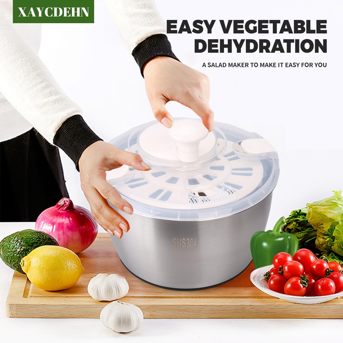 Stainless Steel Salad Rotator, 5-quart Vegetable Dishwasher,Lettuce Cleaner and Dryer, Salad Spinner