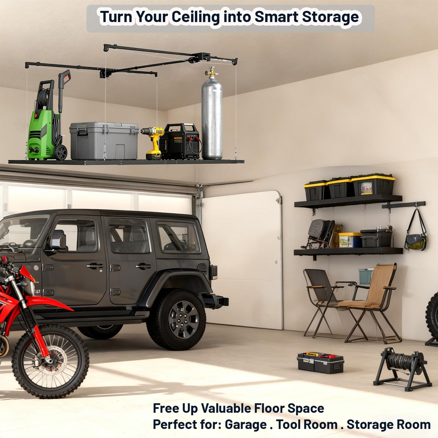 Overhead Garage Storage Lift-4x8 FT Overhead Garage Storage Rack, with Safety Lock, Heavy-Duty Adjustable Ceiling Storage 325 lbs Capacity Suitable for Tools Kayaks Ladder Storage Racks（Black）