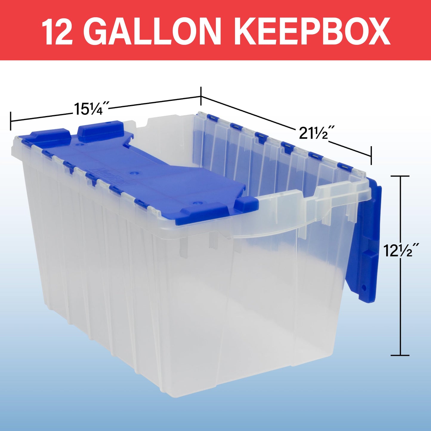 Akro-Mils KeepBox 12 Gallon Storage Container, Nesting and Stackable Plastic Storage Box with Lid Attached, Clear Tote for Garages, Closets, and Moving, 21-1/2" x 15" x 12-1/2", Clear/Blue, 6-Pack