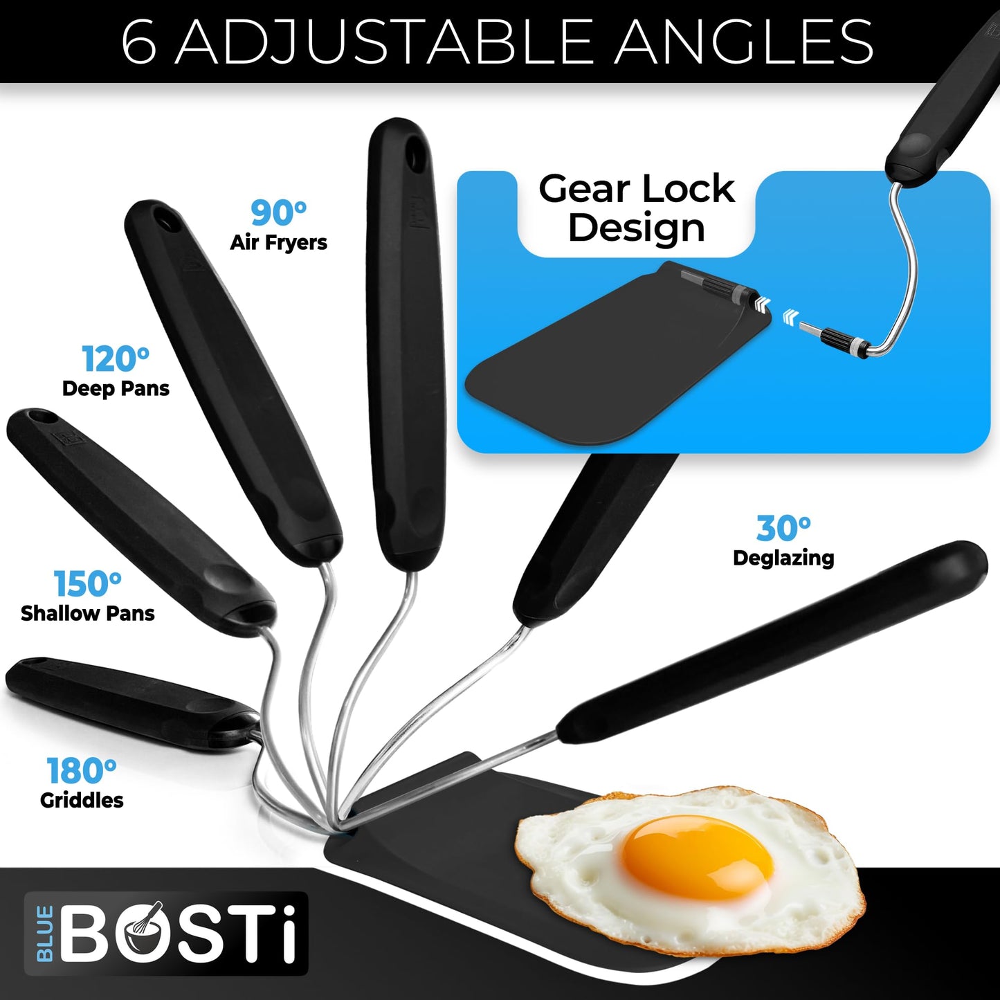 Blue Bosti Adjustable Angle Spatula - New PPSU material - Turner and Flipper for Eggs, Pancakes, Burgers - Swappable Spatula Heads - Thin, Heat Resistant - Non-Stick Cookware Safe