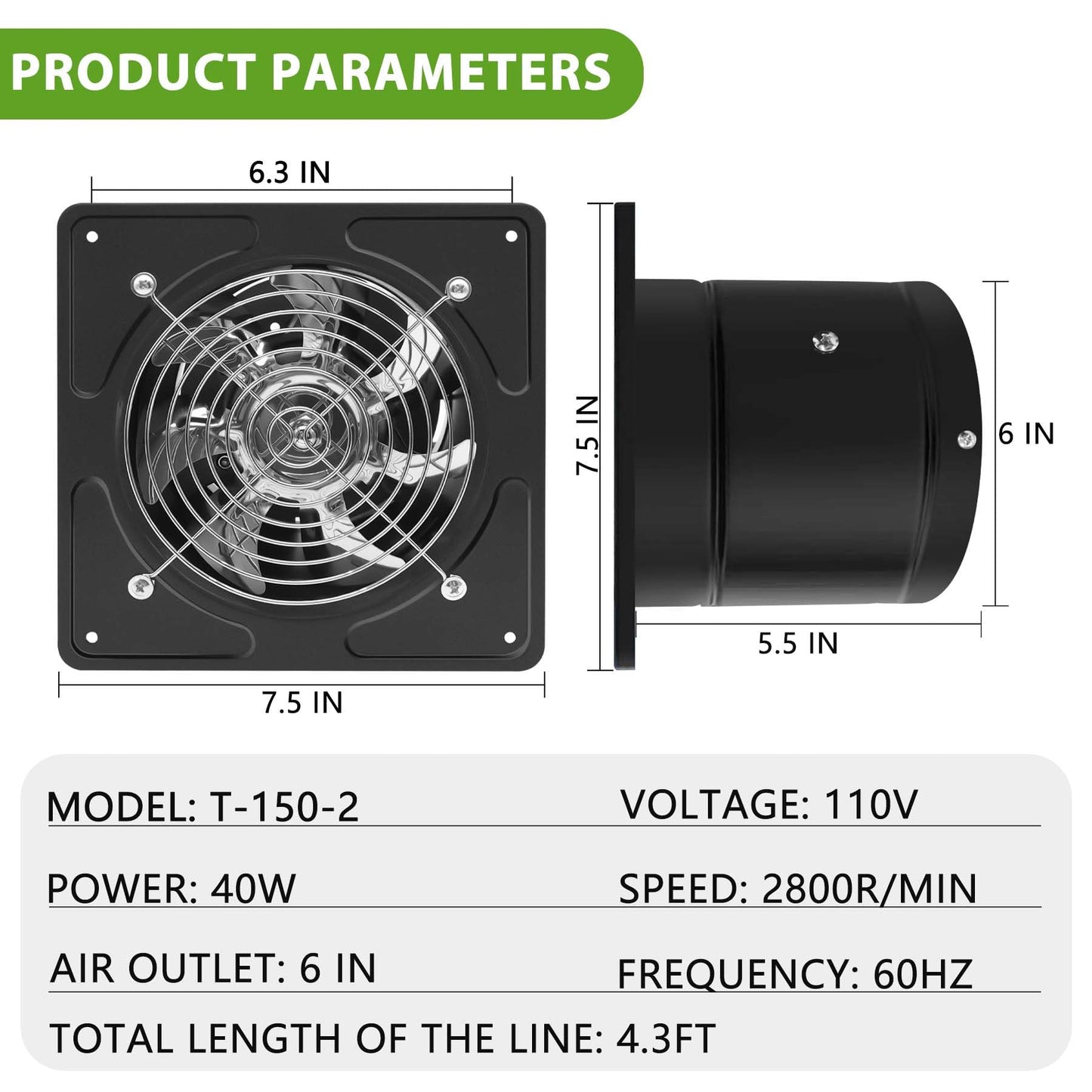 POWERENG 6 Inch Kitchen Exhaust Fan with Speed Controller,235CFM Wall Exhaust Fan,115V 40W Ventilation Blower for Kitchen,Meeting Room,Shop, Smoking Room, Industrial Ventilation Use (6-inch Black)