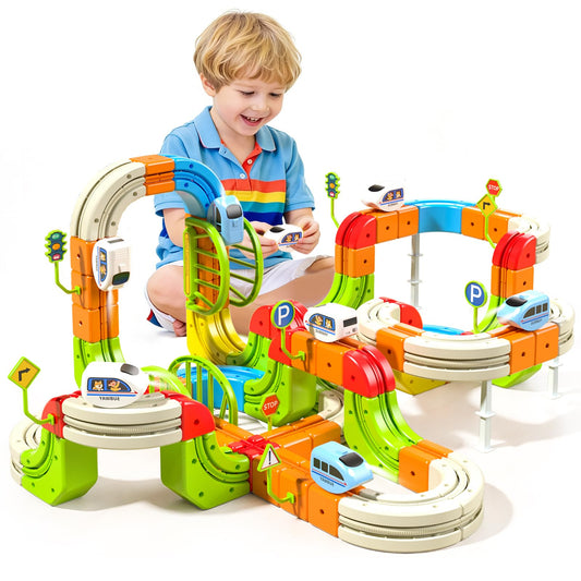 LWuuywa Electric Train Set for Kids, 242Pcs DIY Cube Track Block Toy with Traffic Signs, Gravity-Defying Motorized Trains Tracks Toys for Boys Girls Ages 3+, STEM Learning Fun Gift