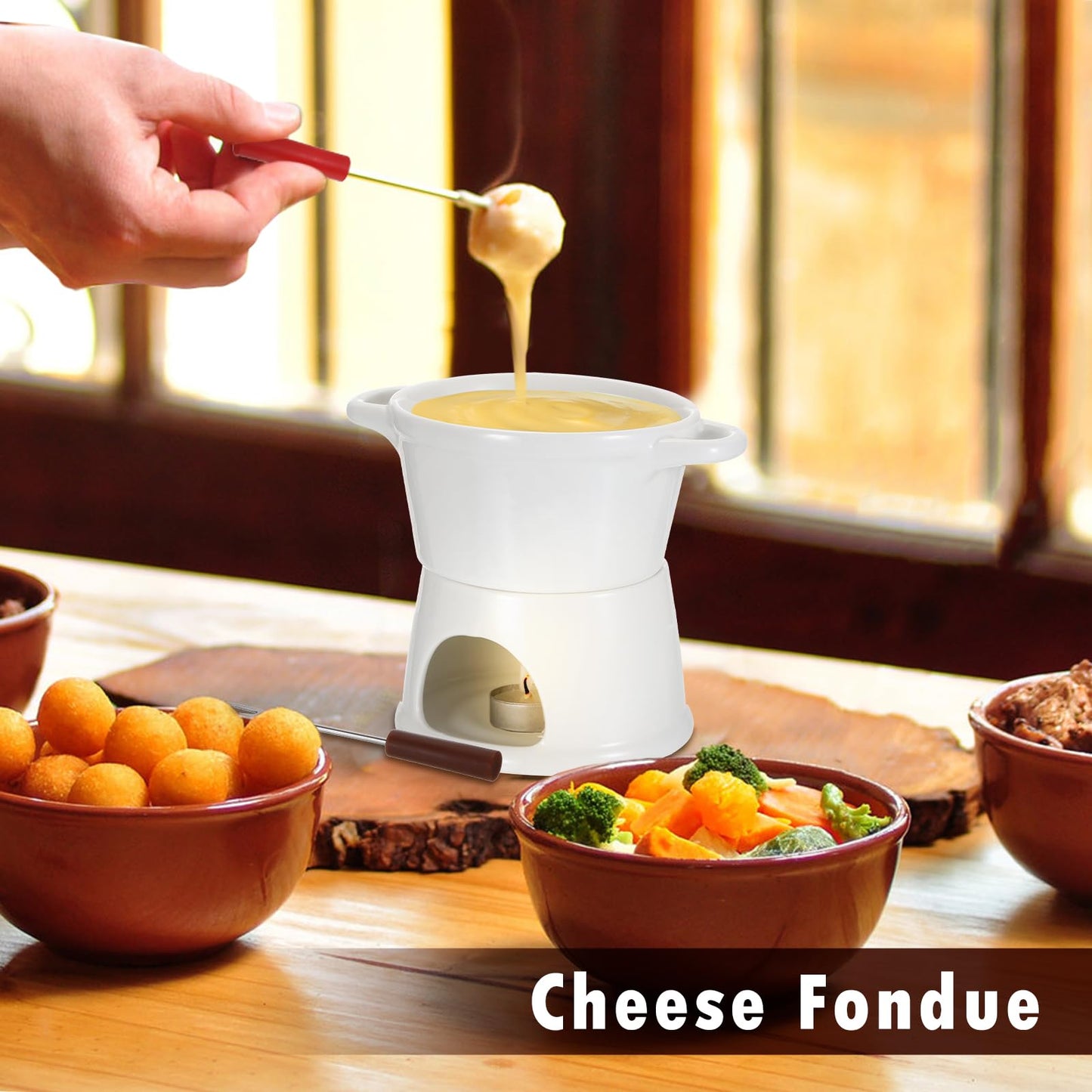 BSTKEY 300ML Ceramic Butter Warmer Set with 2 Forks, White Fondue Pot Melting Pot Set, Melt Hot Pot Bowl Set for Cheese Chocolate Butter Caramel