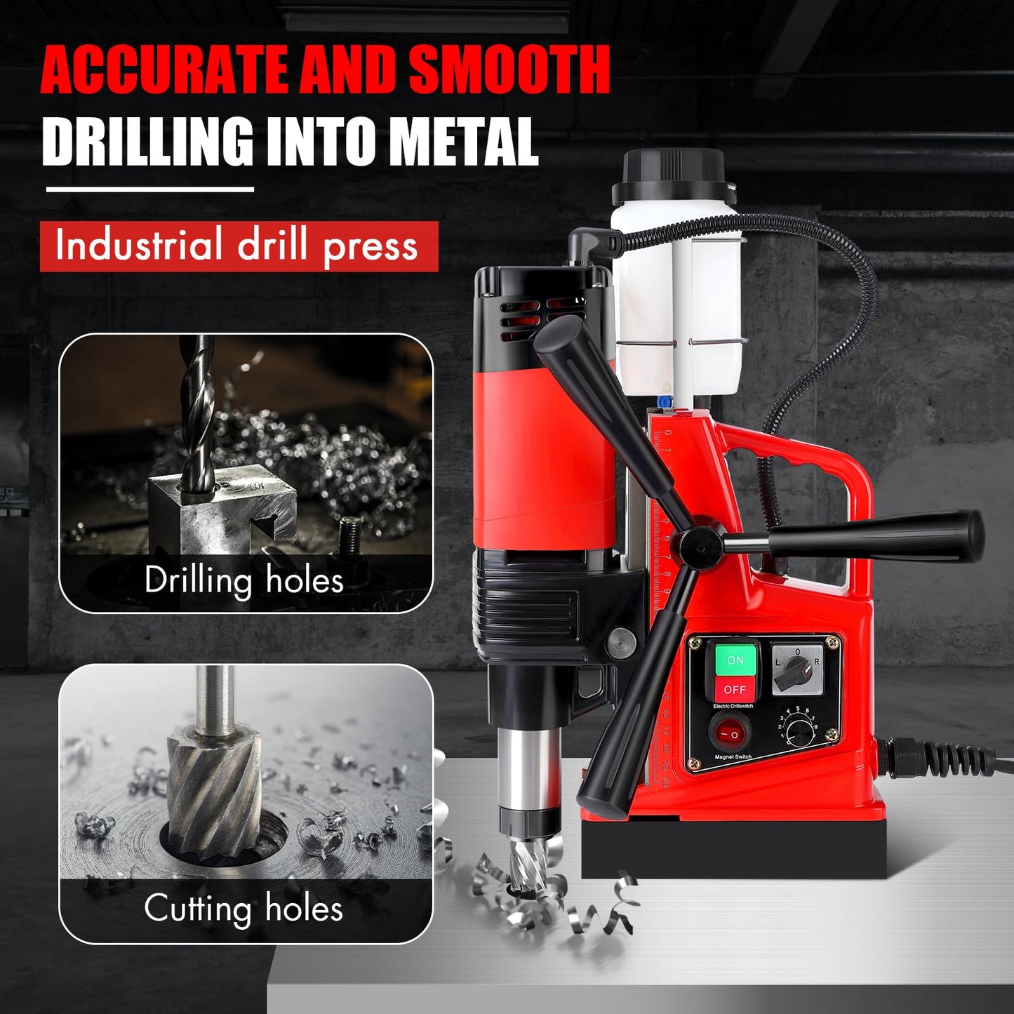 PeakPursuit Mag Drill Press, 1400W 810RPM Portable Magnetic Drill Press, 2 Inch Boring Diameter, Double Track, Electric Drilling Machine with 6Pcs Drill Bits, for Industrial and Home Improvement
