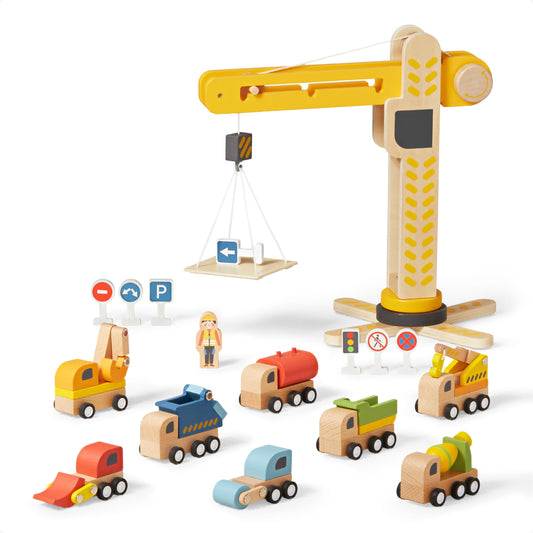 Wooden Construction Vehicle Playset for Toddlers 3-5, 18-Piece Crane Command Fleet with 8 Wooden Vehicles and Road Signs, Pretend Play Toy for Boys and Girls, Non-Toxic Wood