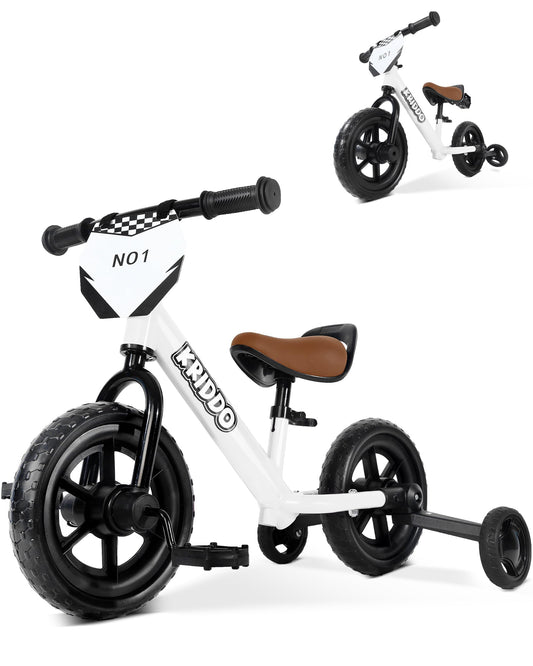 KRIDDO 2-in-1 Kids Tricycle and Toddler Balance Bike 2 Year Old, Detachable Pedals and Stowable Training Wheels, DIY Plate, Riding Trikes Toy for Ages 18 Months to 3 Years, White