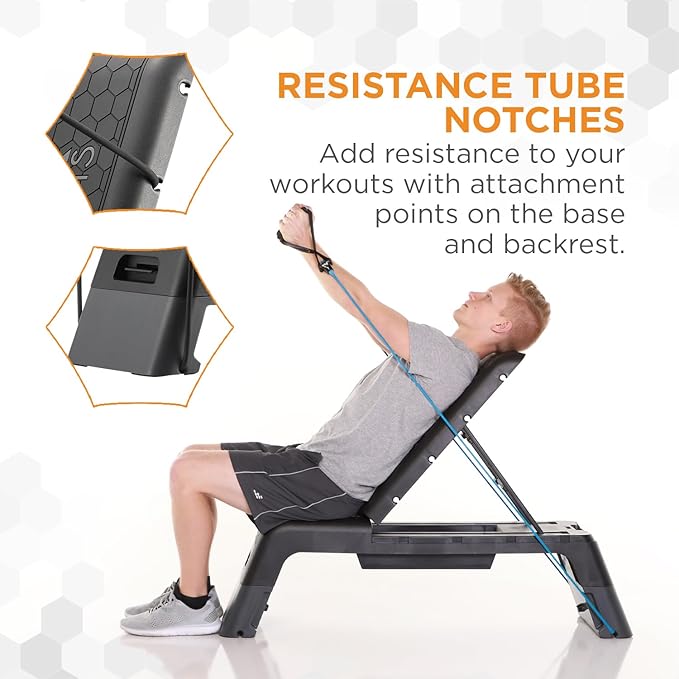 Power Systems Step Bench & Weight Bench | Aerobic Platform & Plyo Box for Cardio, Strength | Commercial Grade Full Body Home Gym Stepper | Adjustable Multifunctional Deck & Resistance Band Clips