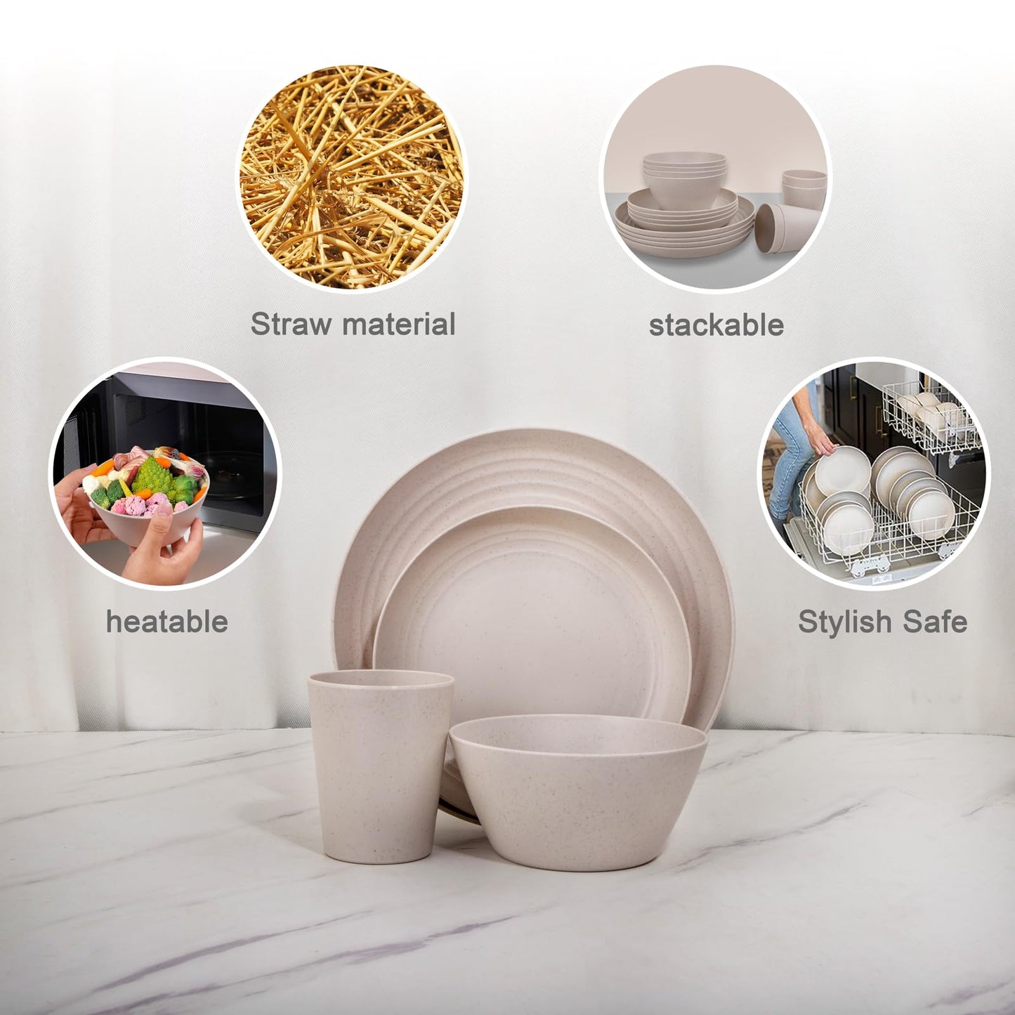 LIYH 48 Pcs Beige Plastic Wheat Straw Dinnerware Set - Reusable Plates and Bowls Sets,Unbreakable Plates Dishes Bowl Cup Outdoor Camper Dish Set for 12