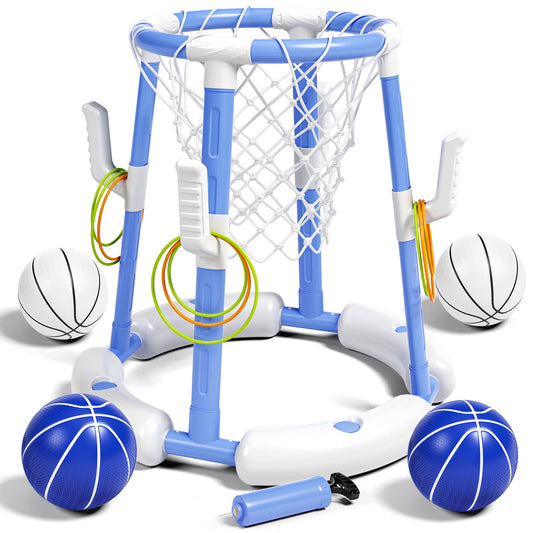 Pool Basketball Hoop&Ring Toss Game 2-in-1 Floating Pool Toy with 4 Balls 8 Rings&Pump,Outdoor Swimming Basketball Party Games Water Play Toy Anti-Tip Stable Base Summer Gift for Kid 4-8 8-12& Adult