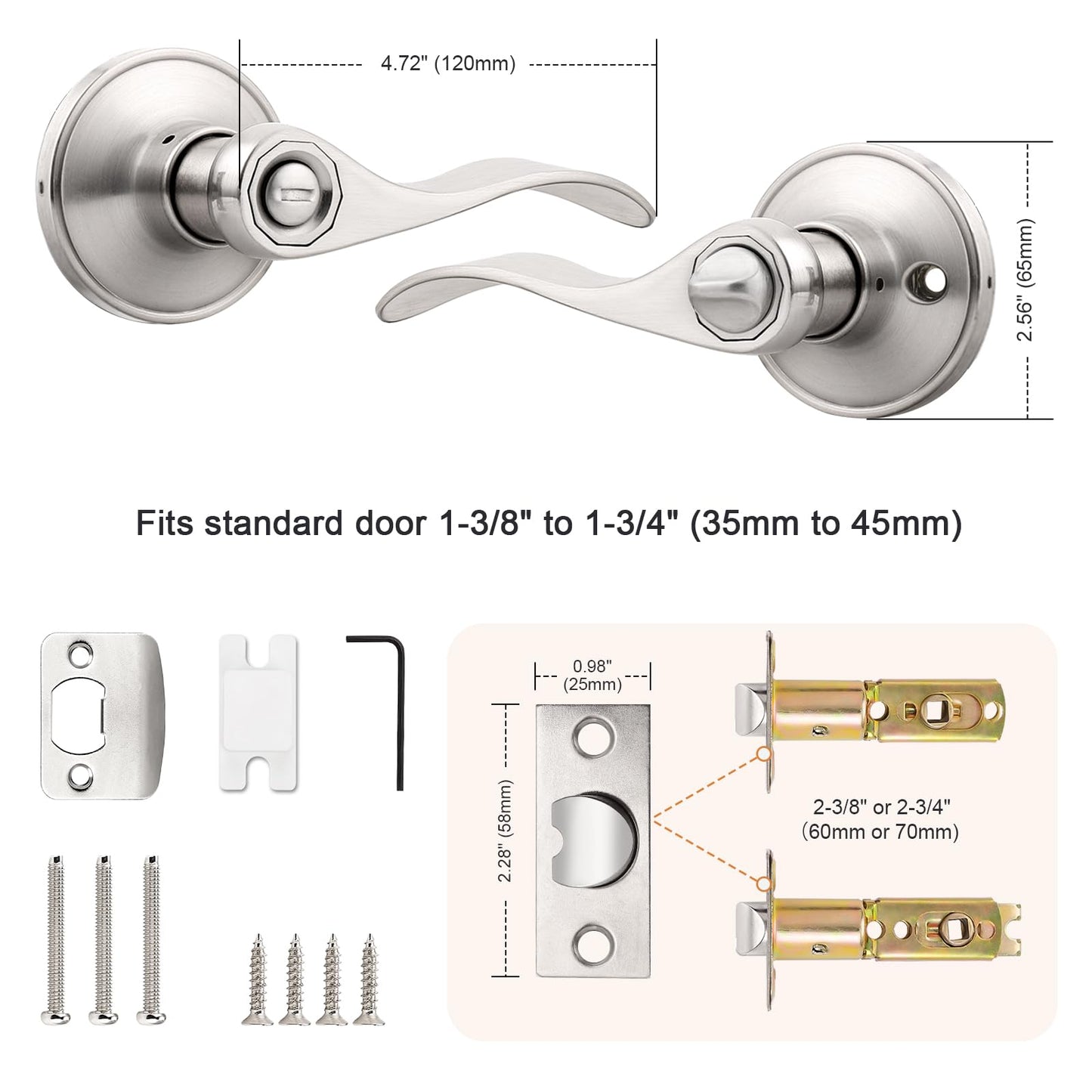Probrico Satin Nickel Wave Style Privacy Door Levers Bath/Bed Door Handles, Interior Keyless Door Locksets, 3 Pack