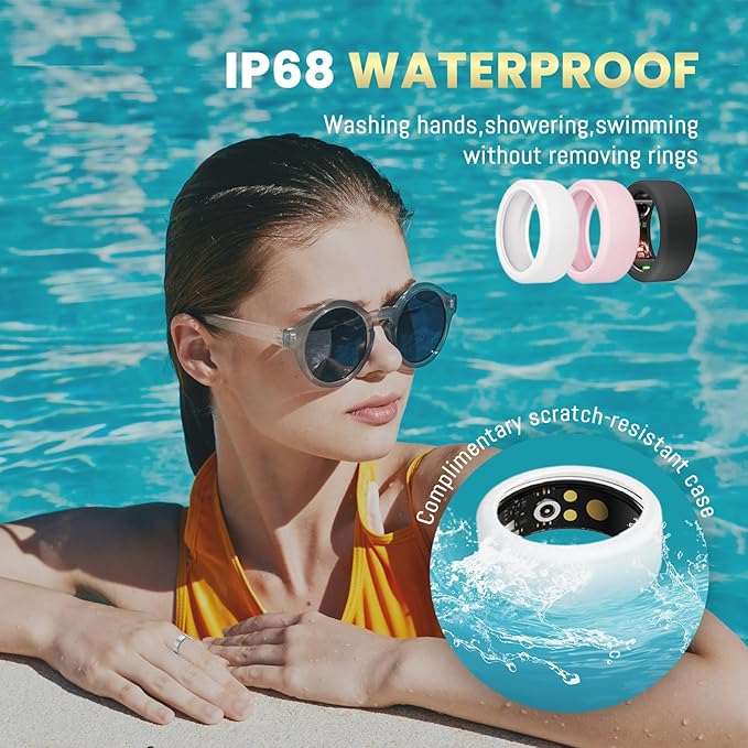 Smart Ring for Women Men, Health Tracker with Heart Rate/Blood Oxygen/Blood Pressure/Sleep Monitoring/Step Counting, IP68 Waterproof Fitness Ring, No App Fees for iPhone & Android (Black, 8#)