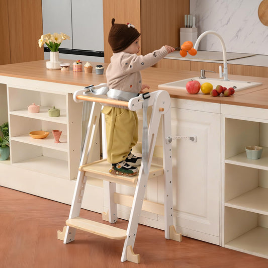 Kids Kitchen Step Stool, Foldable Toddler Tower, Height Adjustable Toddler Standing Tower with Safty Rail and Anti-Slip Device, Wooden Stool for 1.5-6 Years (Wood Color-White)