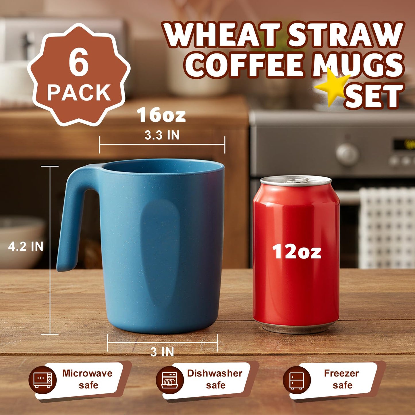 Perlapoc Coffee Mugs Set of 6, Wheat Straw Cups 16 OZ, Unbreakable Coffee Mugs with Handles, Reusable Tea Cup, Microwave Safe & Dishwasher Safe Coffee Tea Cups for Kitchen, Camping, RV, Multi