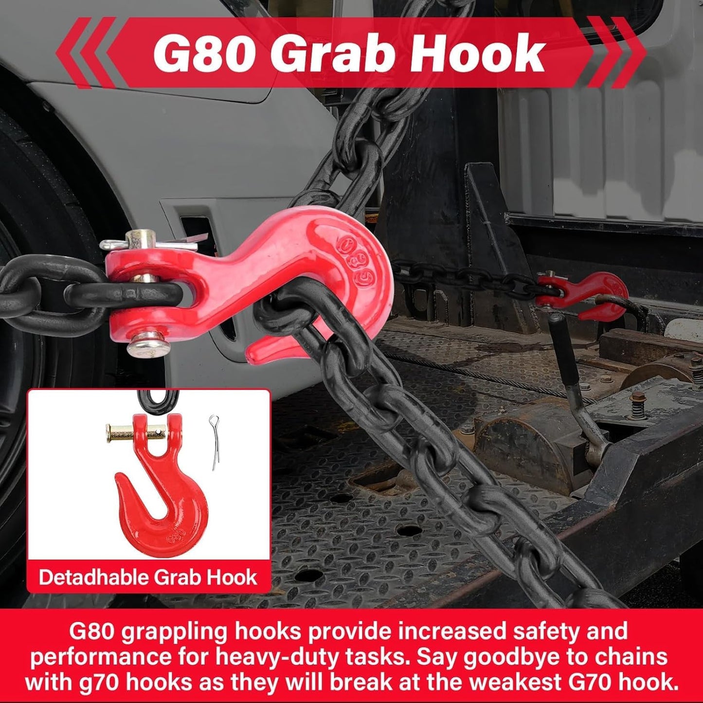 Lenchanse Chain and Binders Kit 1/4in - 5/16in 4 Set, Grade 80 1/4'' - 5/16'' Ratchet Load Binders Equipped with G80 Chains 1/4" × 10 feet and G80 Chain Hooks, 2,200lbs Working Load Tie Down Kit