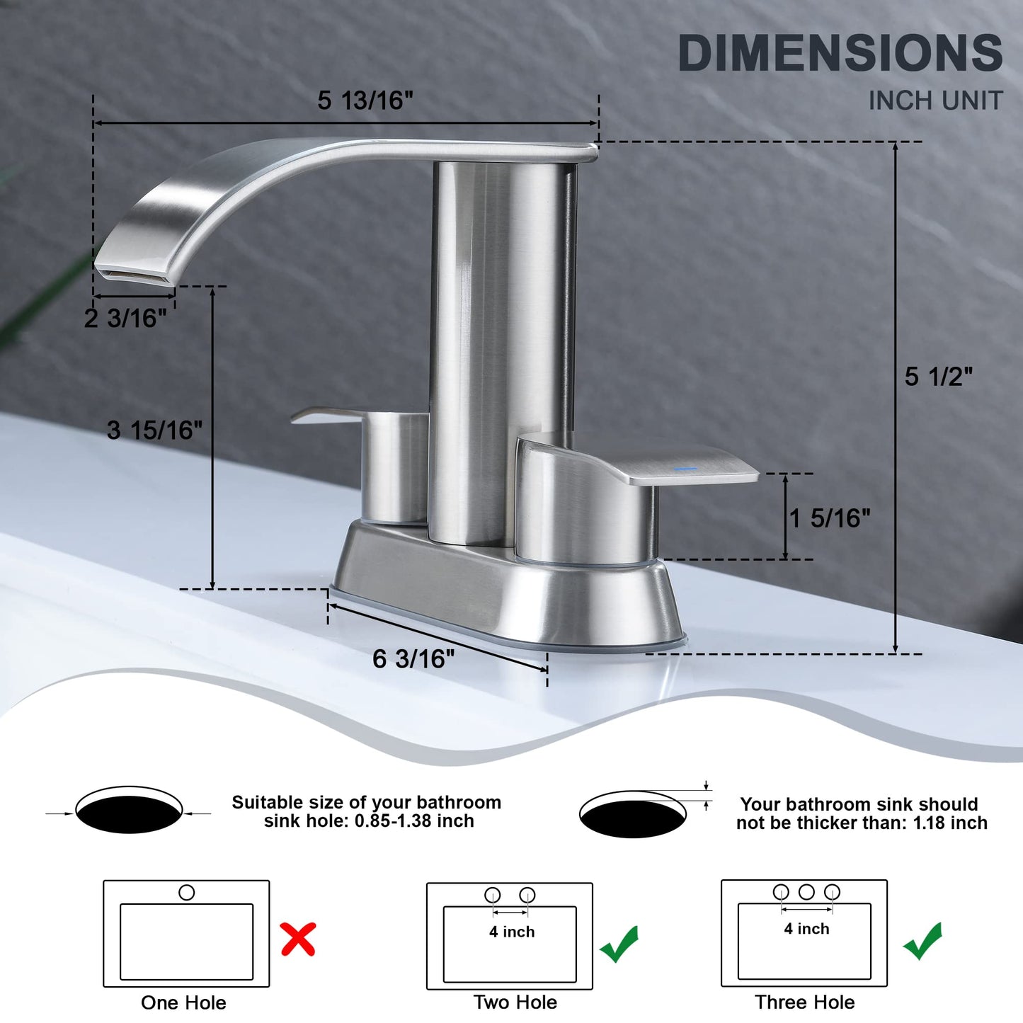 Ultimate Unicorn Waterfall Bathroom Sink Faucet Brushed Nickel, Two Handles Bathroom Faucet with Metal Pop up Sink Drain Stopper, Two Or 3 Holes Bathroom Basin Mixer Tap with Deck Mount Plate