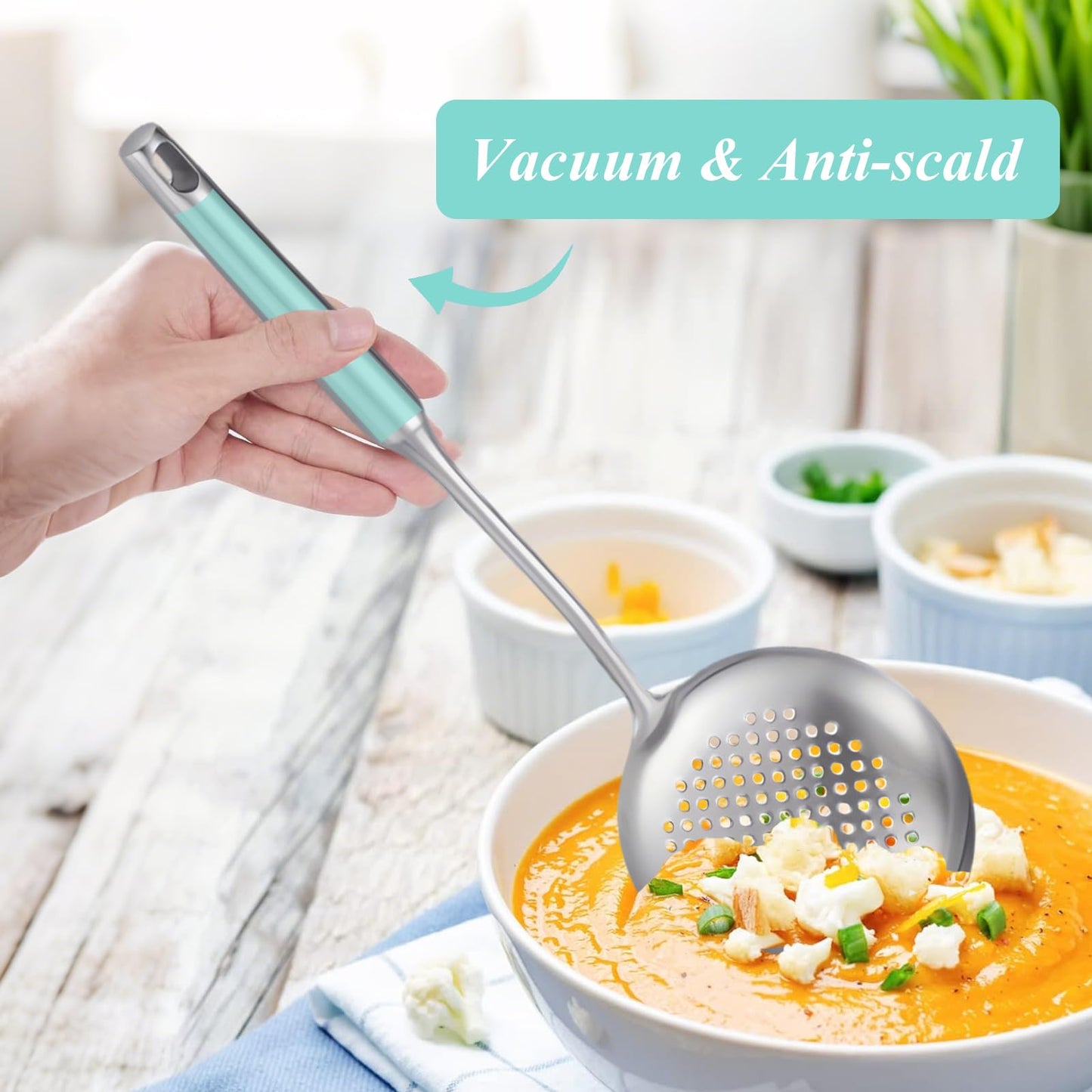 Slotted Spoon, Stainless Steel Strainer Metal Skimmer Spoon for Cooking, Long Handle Food Strainer, Kitchen Utensil Large Fryer Scoop with Holes for Draining Stirring Serving Frying