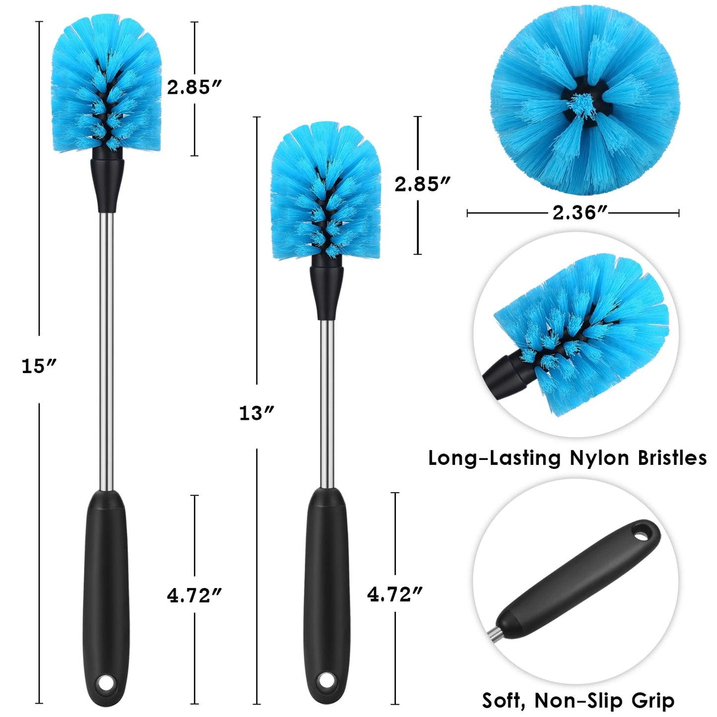MOSOLAN Stainless Steel Water Bottle Brush, Long Handle Scrubbing Brush, Built for Cleaning Sports Bottles, Baby Bottles, Cups, Coffee Mugs, Glasswares, Wine Decanters, Flask, 2 Pack, 15 in