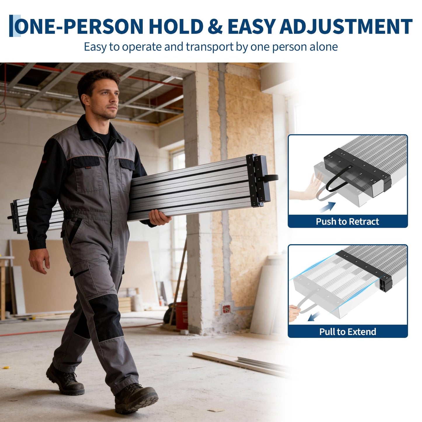 Telescoping Aluminum Work Plank, Heavy Duty Scaffold Platform Accessory, 9-15FT, 440LB Capacity, Anti-Slip, Portable Ladder Extension Board for Indoor/Outdoor Use