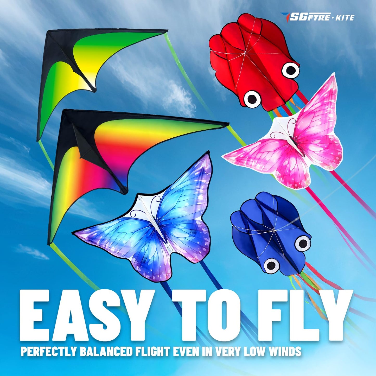 SGftre 3 Piece Set Butterfly Delta Octopus Kites for Kids and Adults，Easy to Fly for Outdoor Adults Children Line Kite for Kids Toy (Delta 2+Octopus 2+Butterfly 2, 6)