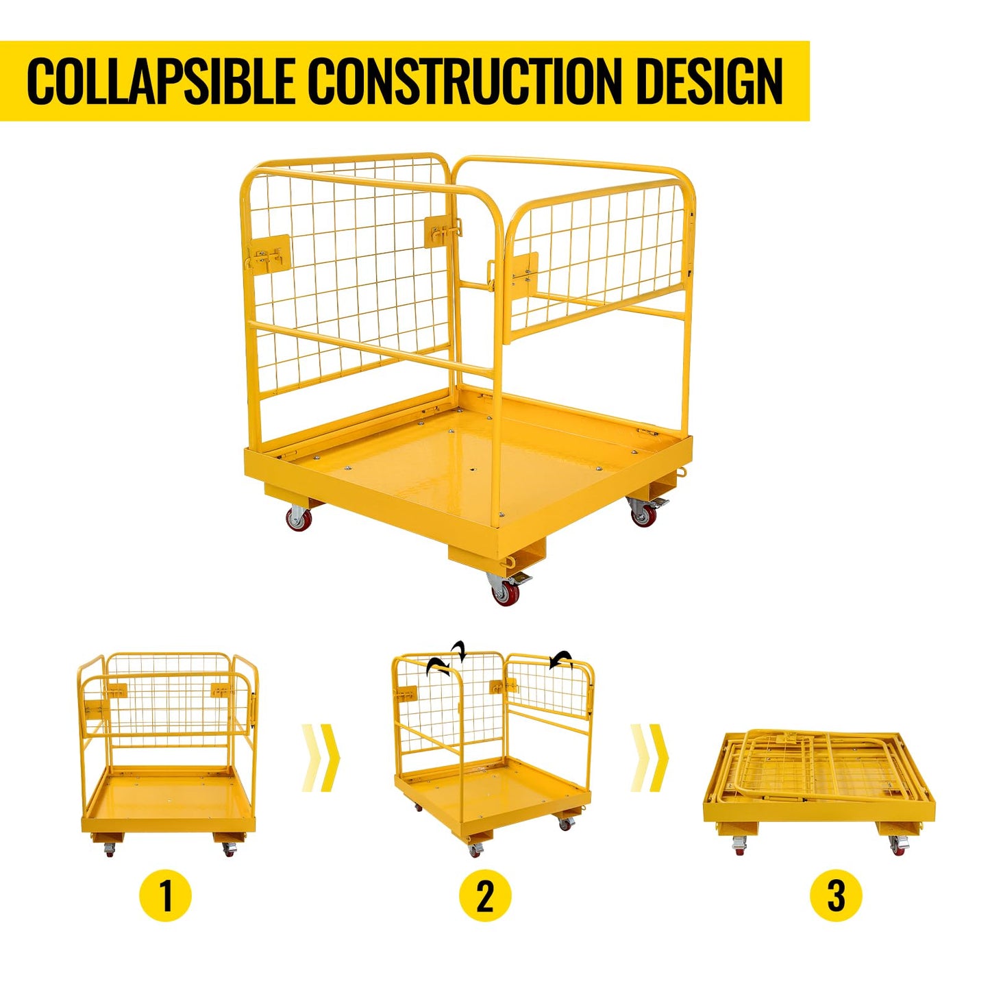 Forklift Safety Cage, Forklift Man Basket 1200 Lbs Capacity, 36 X 36 Inches Folding Forklift Work Platform with 4 Wheels, Collapsible Platform Lift Basket for Most Aerial Jobs,36"-A