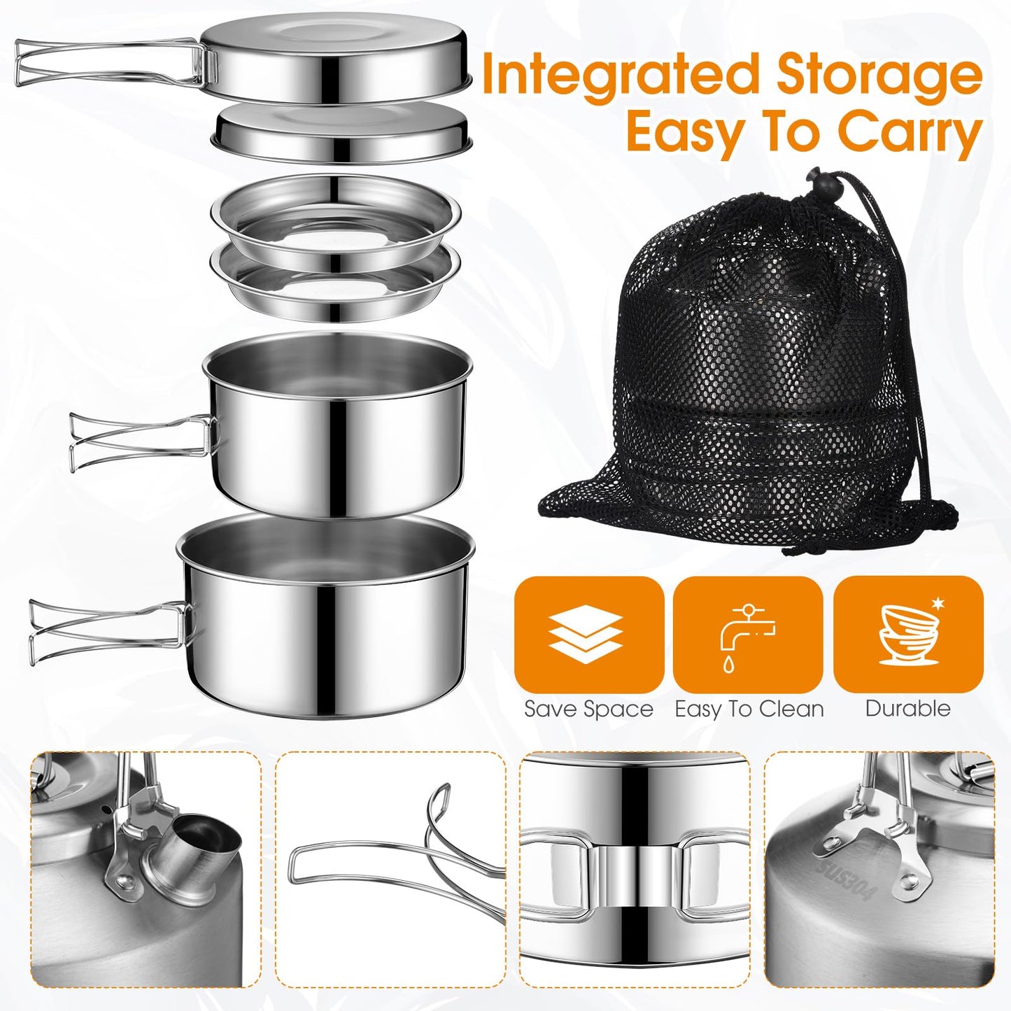 Funnymoom 15 Pcs Camping Cookware Mess Kit Outdoor Cooking Set Stainless Steel with Pot and Pan Kit 2 Set Stainless Steel Cups Plates Forks Knives Spoons for Camping Backpacking Cooking Picnic